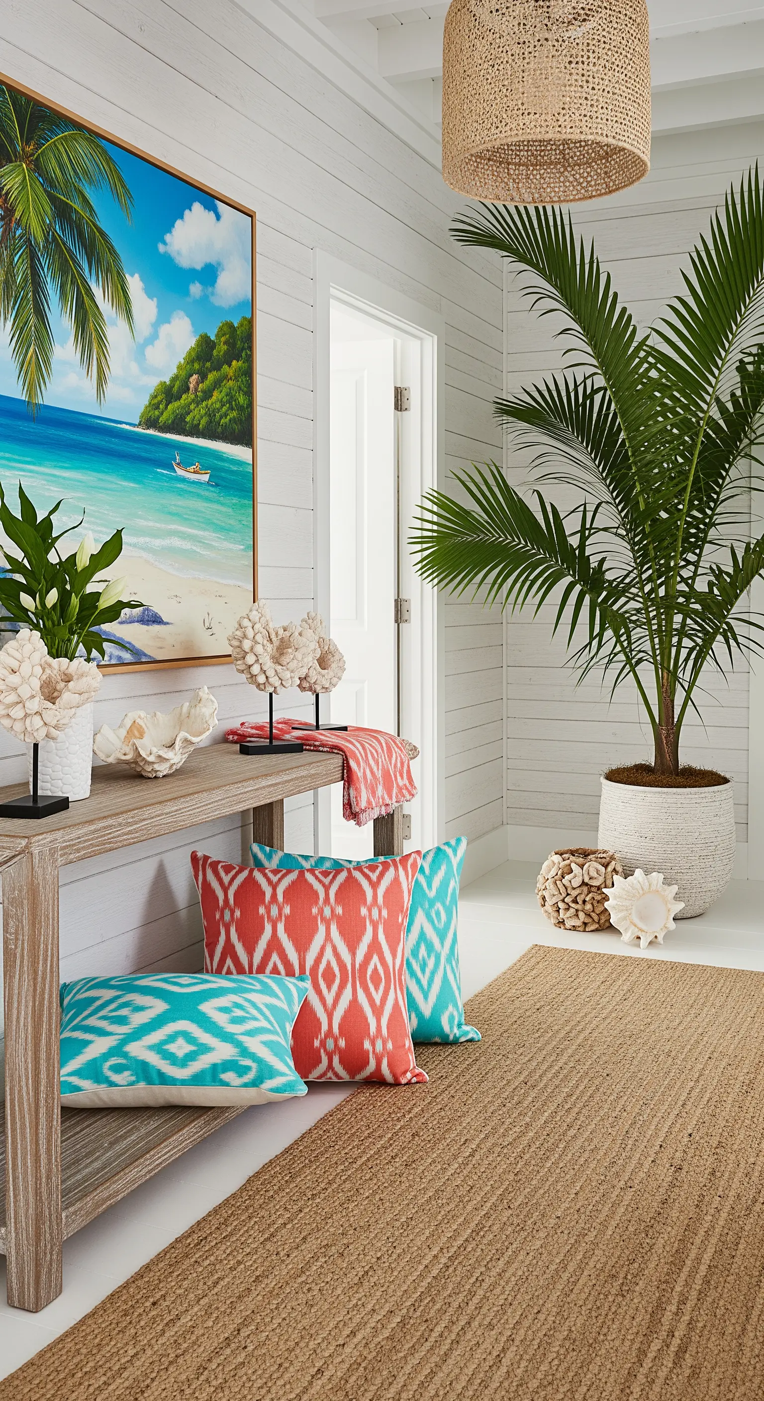 Ingresso in stile coastal con cuscini ikat turchesi e corallo, e una grande palma.