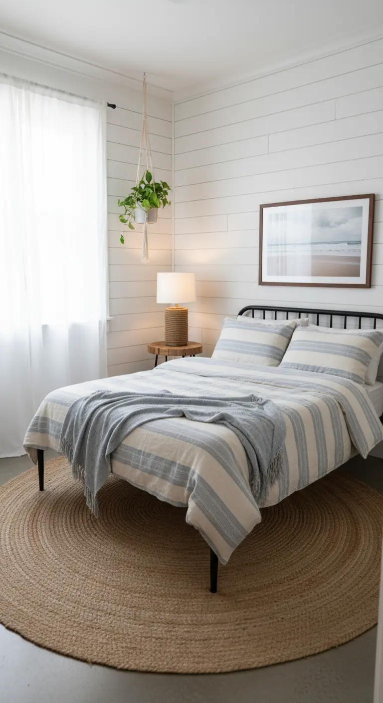 Camera da letto in stile costiero con pareti bianche a perline, letto in metallo e tappeto in juta.