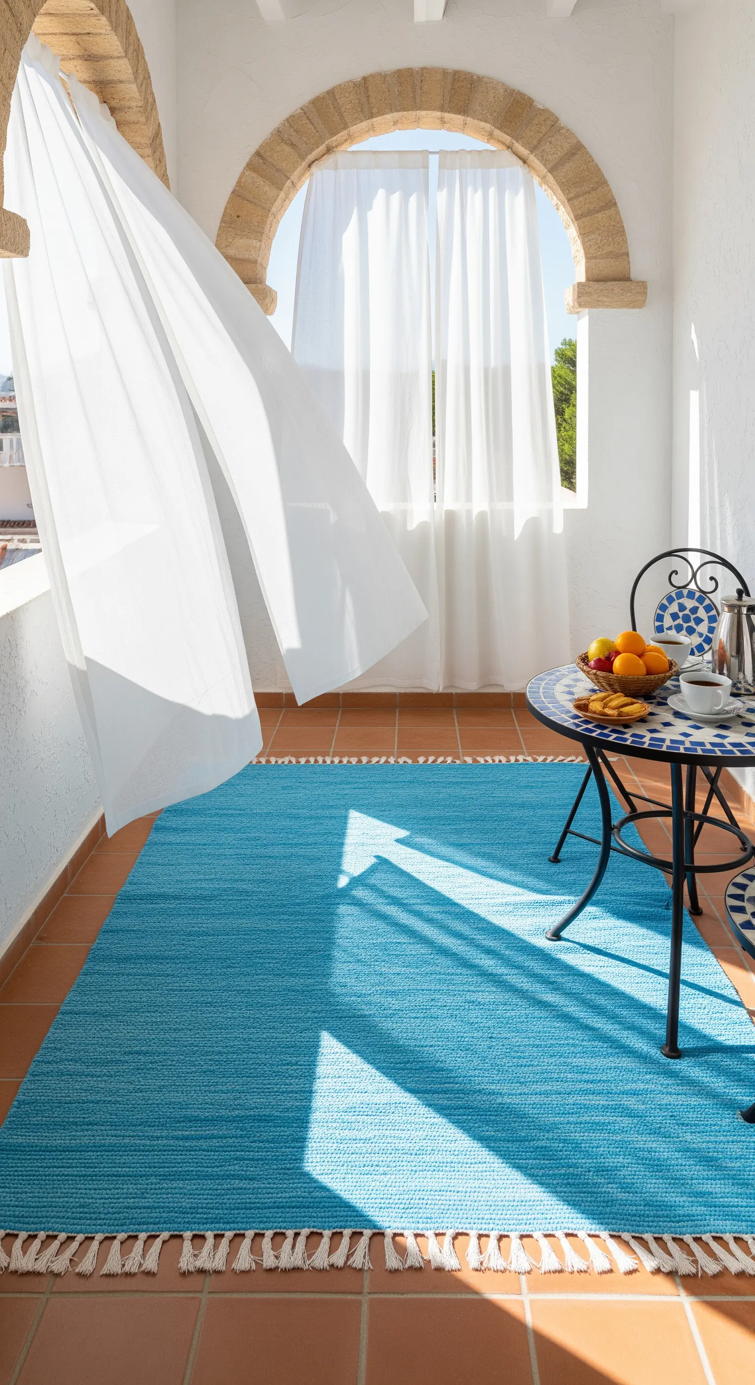 Balcone in stile mediterraneo con arco, tappeto blu acceso e tende bianche mosse dal vento.