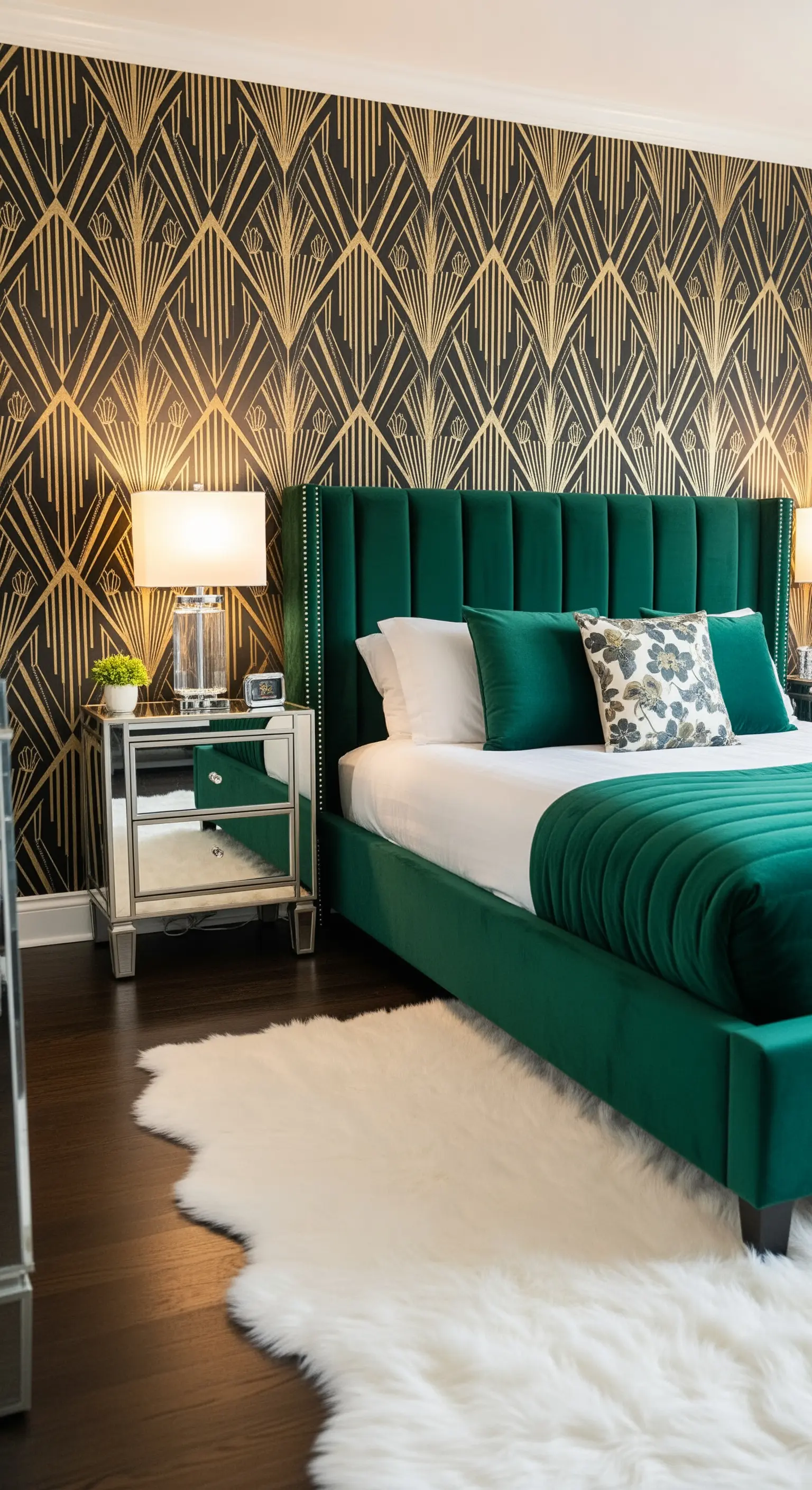 Letto in velluto verde smeraldo contro una parete con carta da parati geometrica Art Deco.