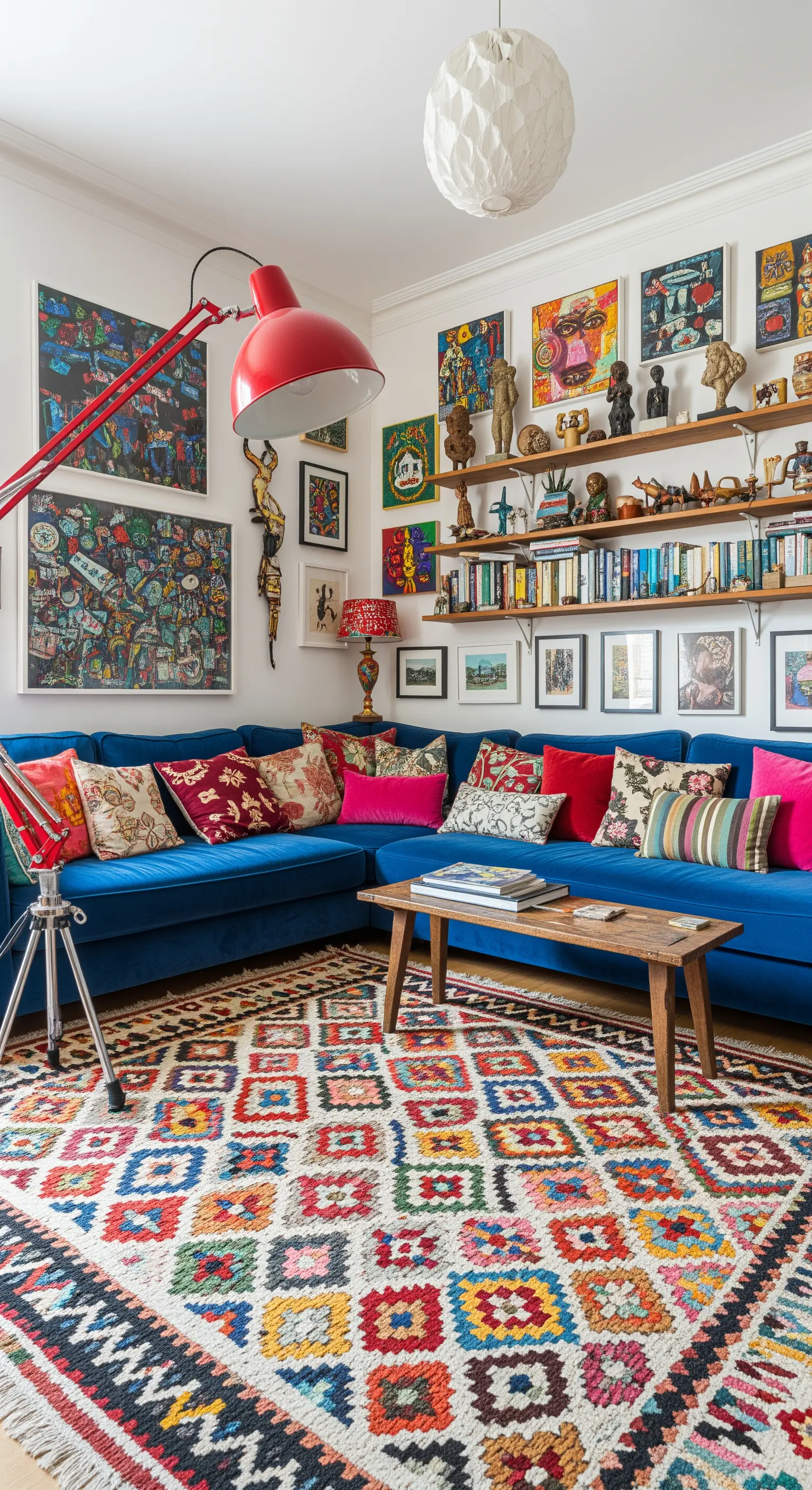 Soggiorno eclettico con divano blu, tappeto Kilim colorato e una parete ricca di quadri.