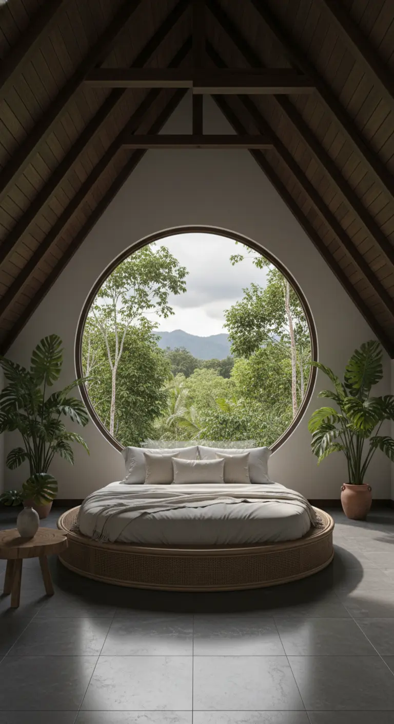 Camera da letto con una grande finestra rotonda che si affaccia su una foresta lussureggiante.