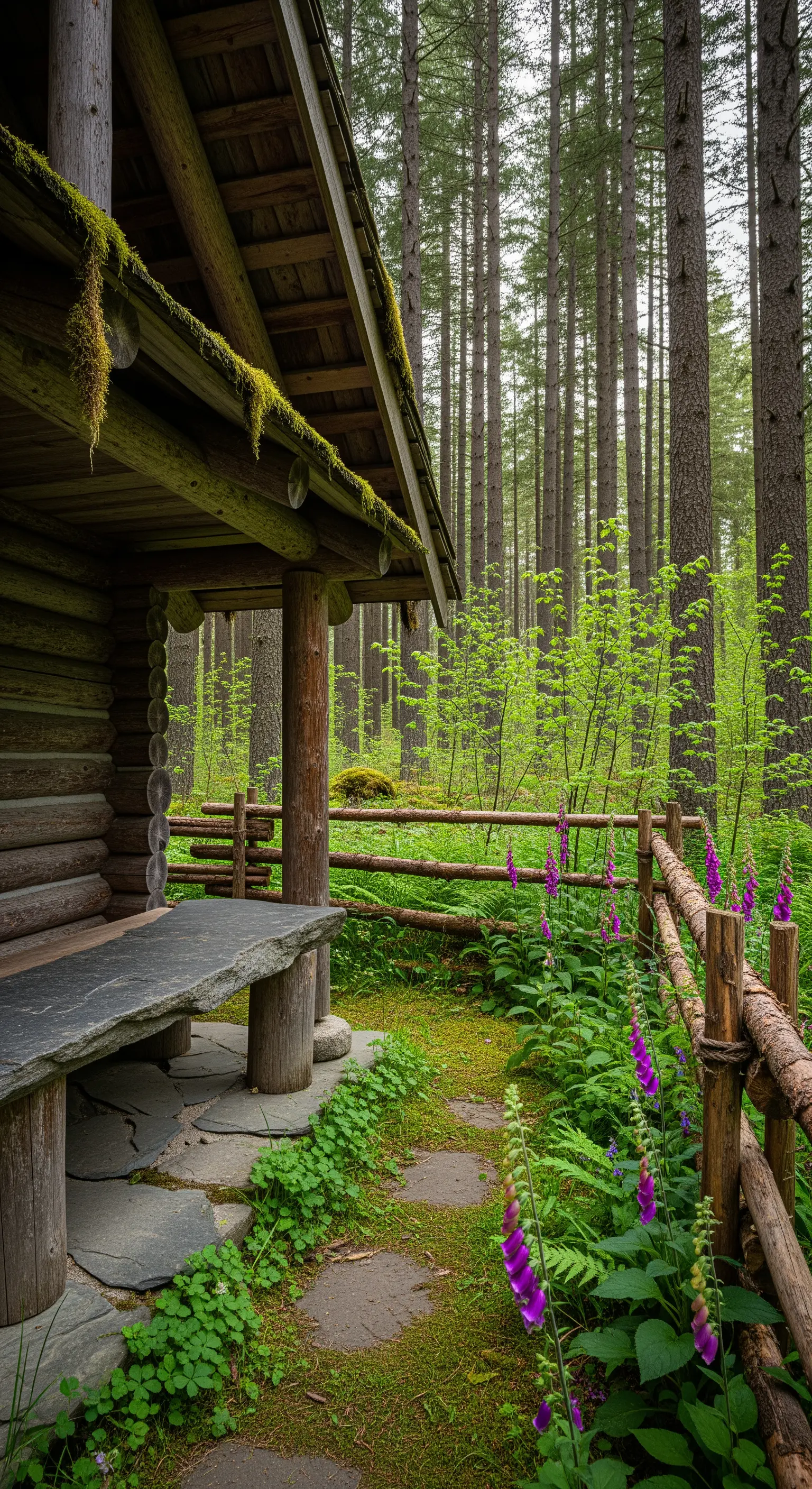 Portico di una baita nel bosco con panca in ardesia e fiori di digitale purpurea.