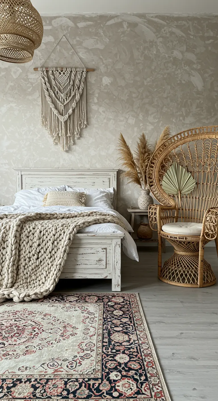 Camera da letto in stile shabby-boho con sedia pavone in rattan e arazzo in macramè.