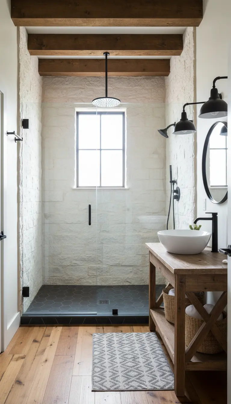 Bagno in stile rustico-moderno con pareti in pietra bianca, travi in legno e doccia con profili neri.