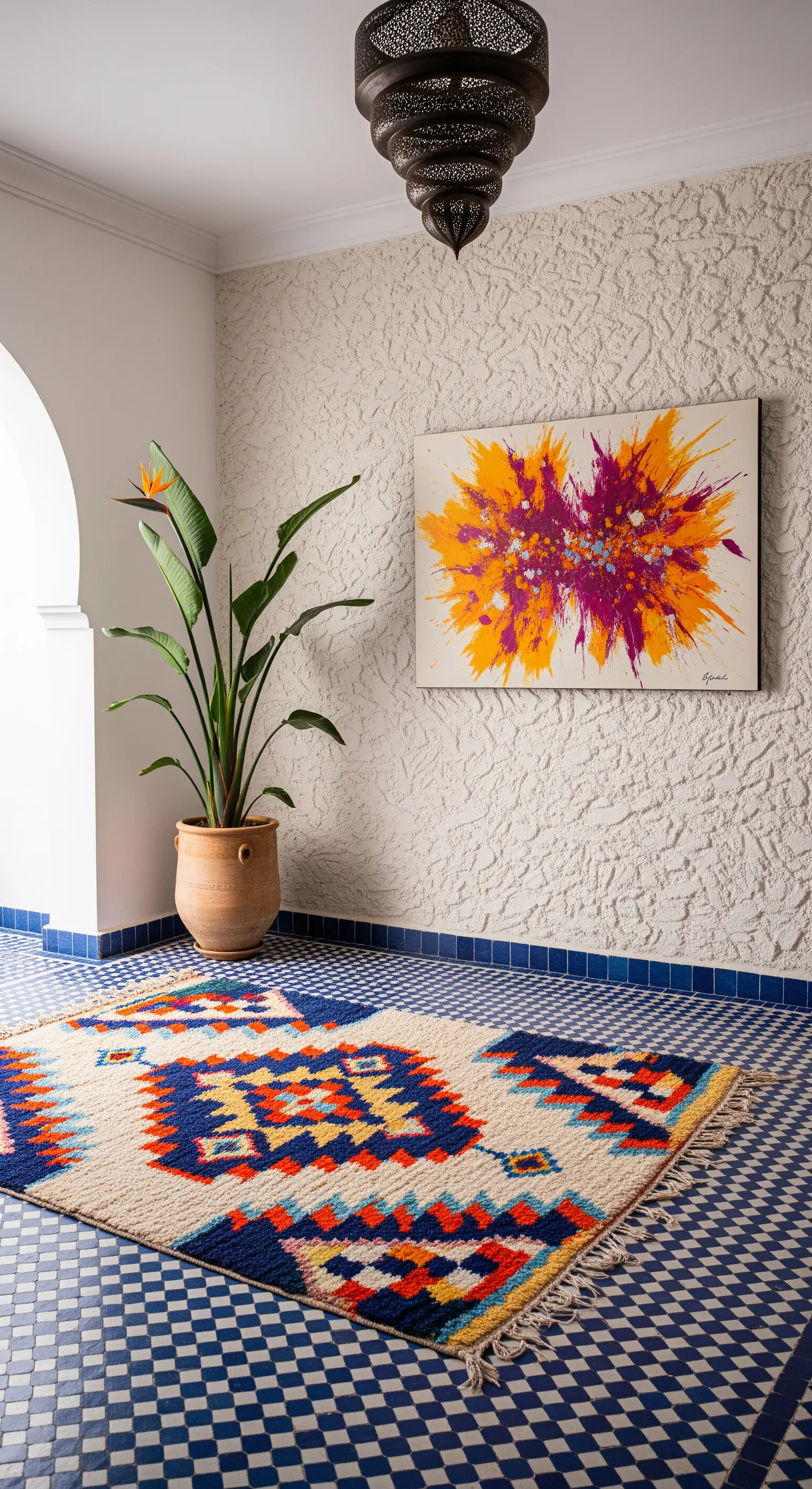 Ingresso con parete texturizzata, tappeto berbero e piastrelle blu a scacchi.