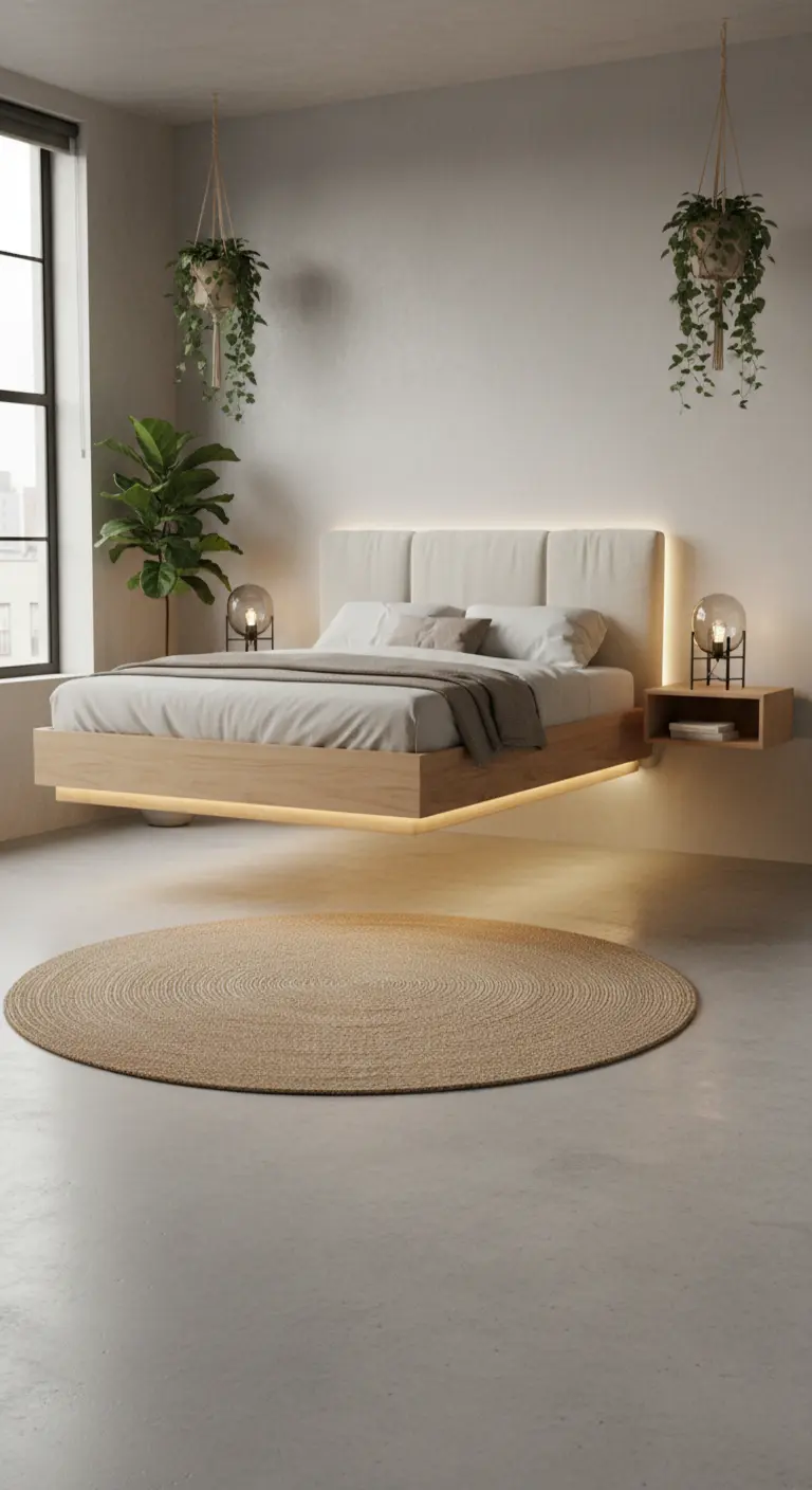 Letto in legno chiaro con illuminazione a LED sottostante che lo fa sembrare sospeso.