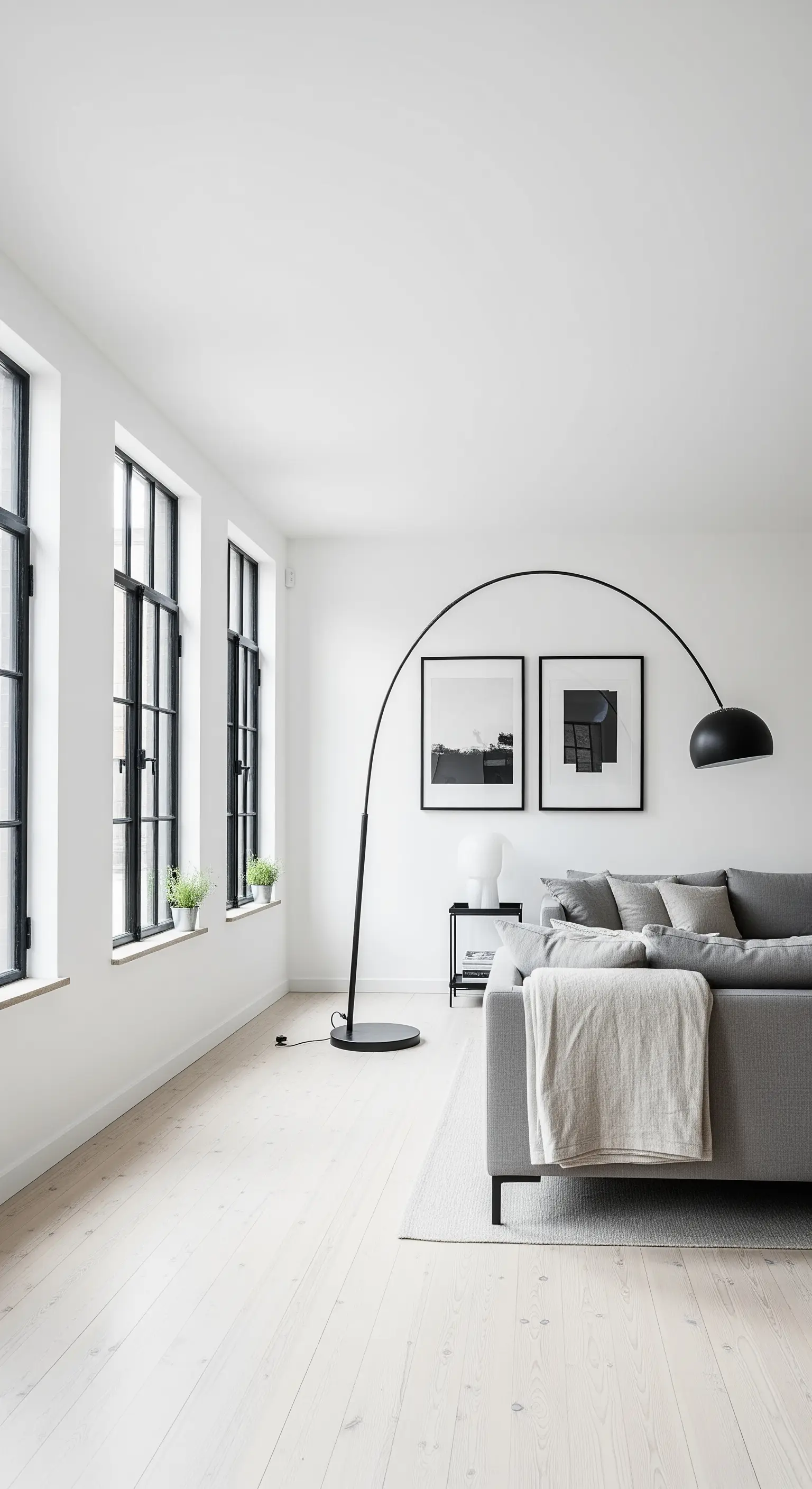 Grande lampada ad arco nera sopra un divano grigio in un salotto minimalista con parquet chiaro.