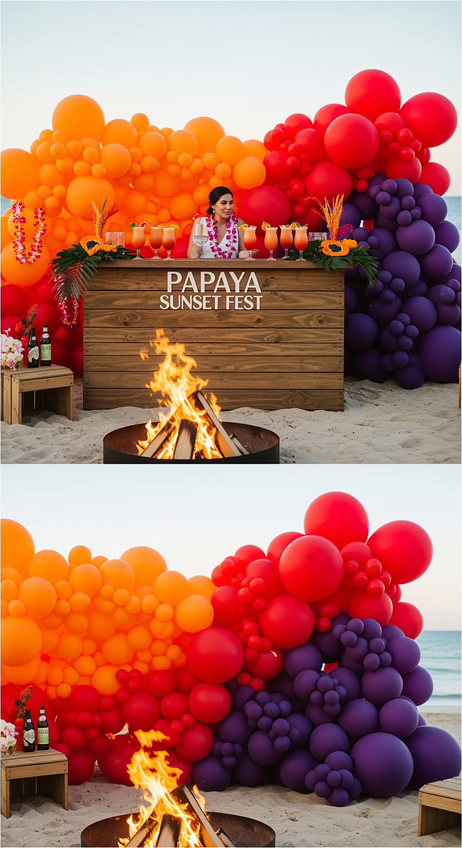 Festa sulla spiaggia con falò e un grande arco di palloncini color tramonto dietro un bar.