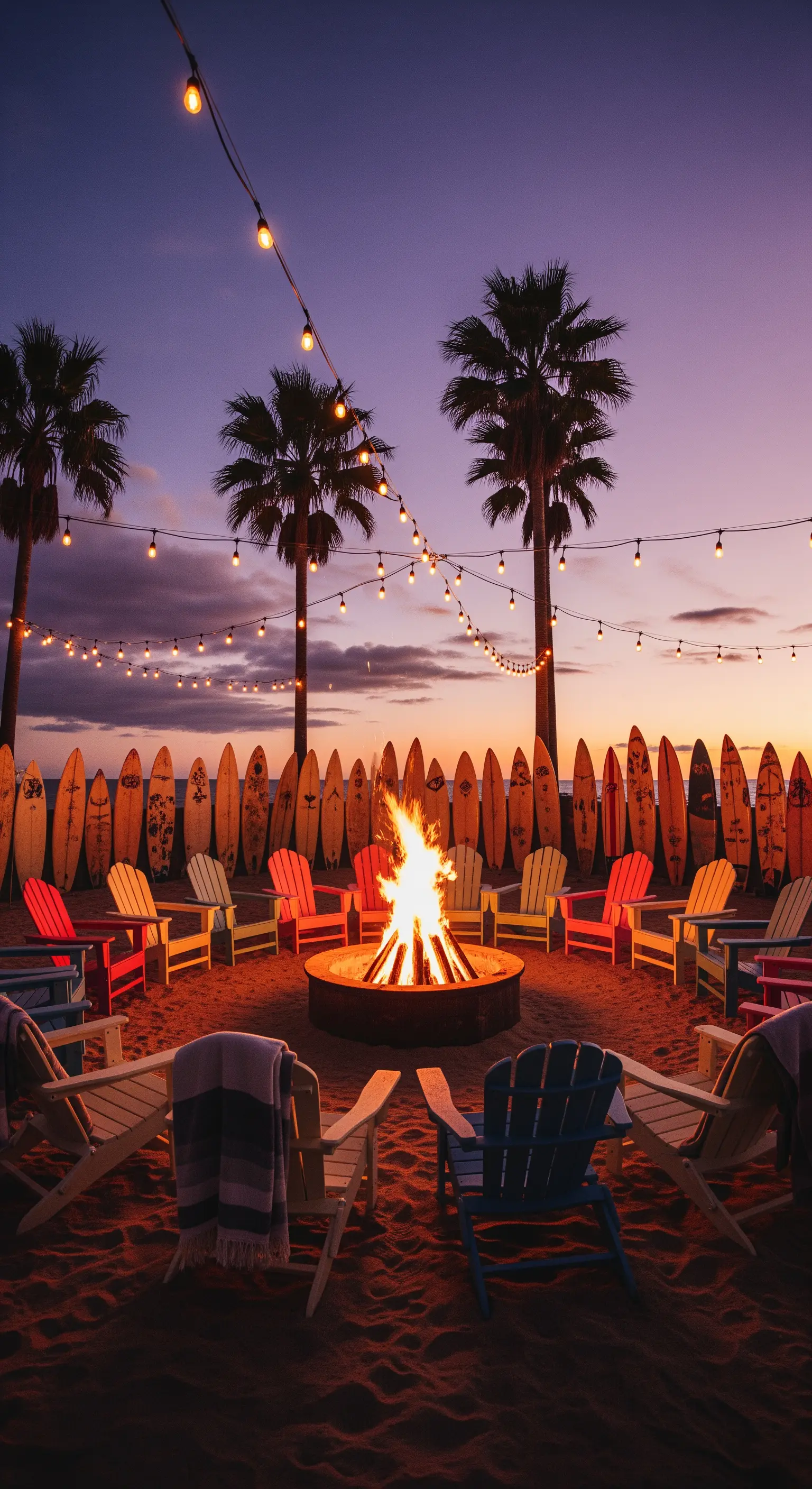 Cerchio di sedie colorate attorno a un falò sulla spiaggia, con luci a bulbo sospese