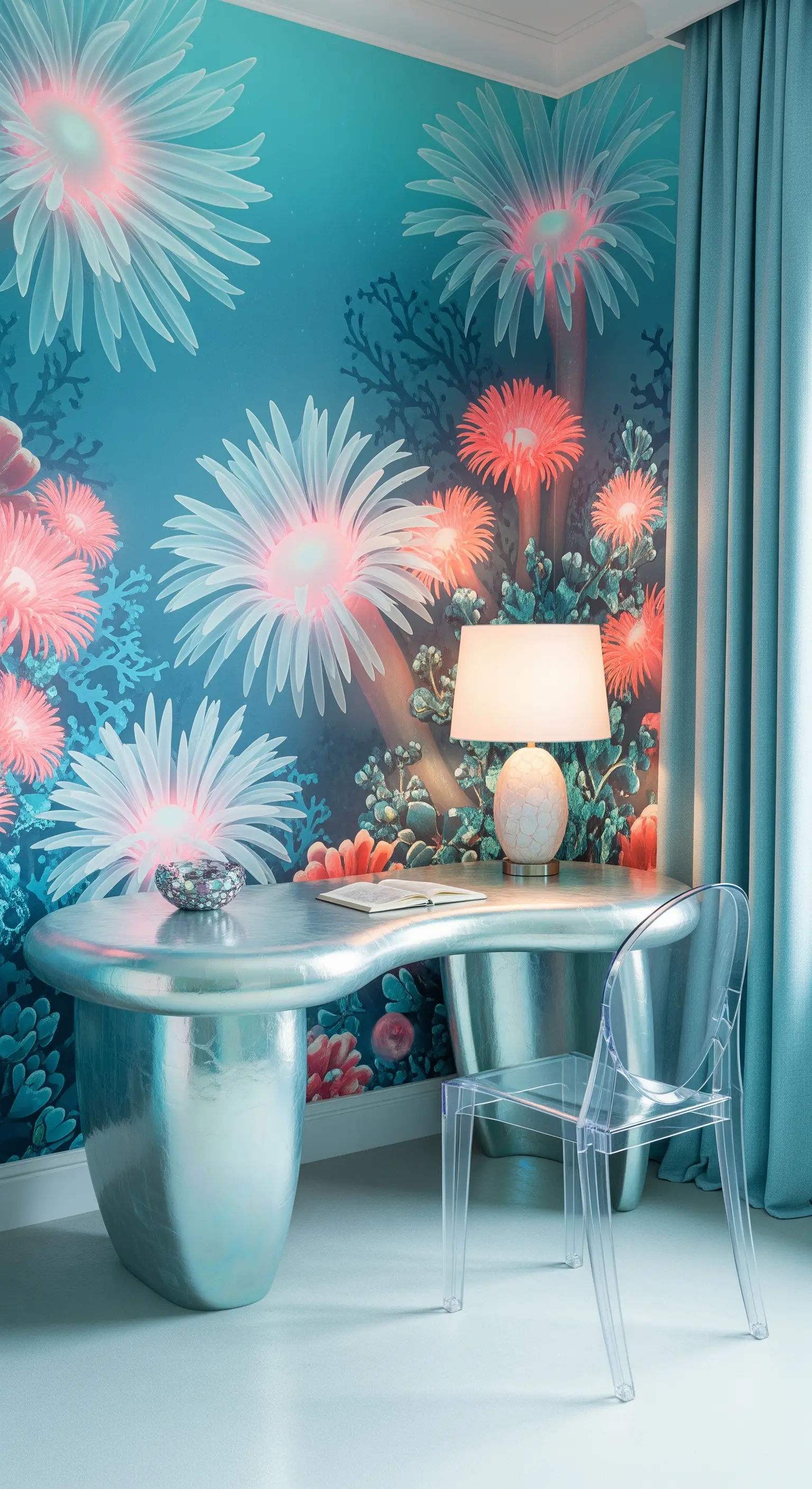 Scrivania argentata dalle forme fluide e sedia trasparente con carta da parati a tema anemoni di mare.