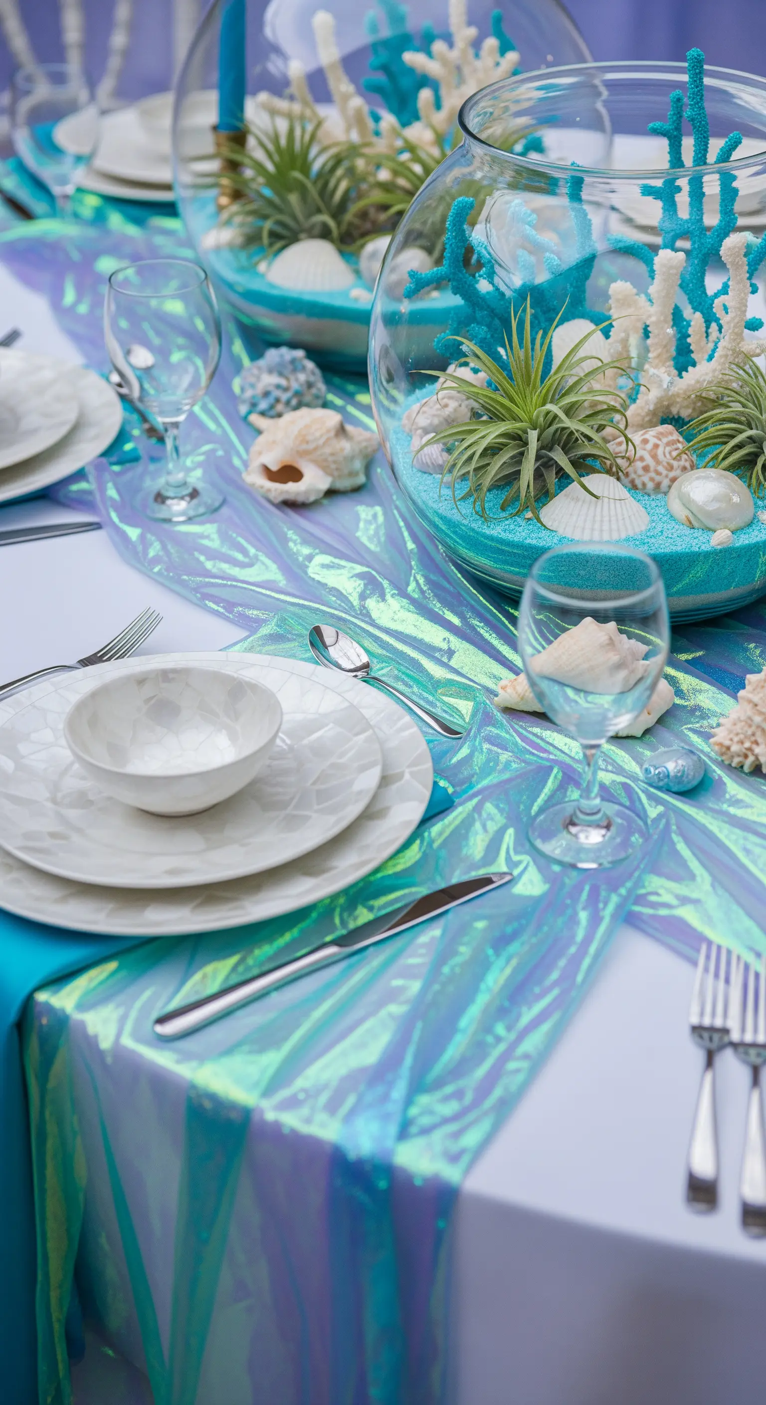 Tavola con runner iridescente e bocce di vetro con coralli turchesi e piante aeree.