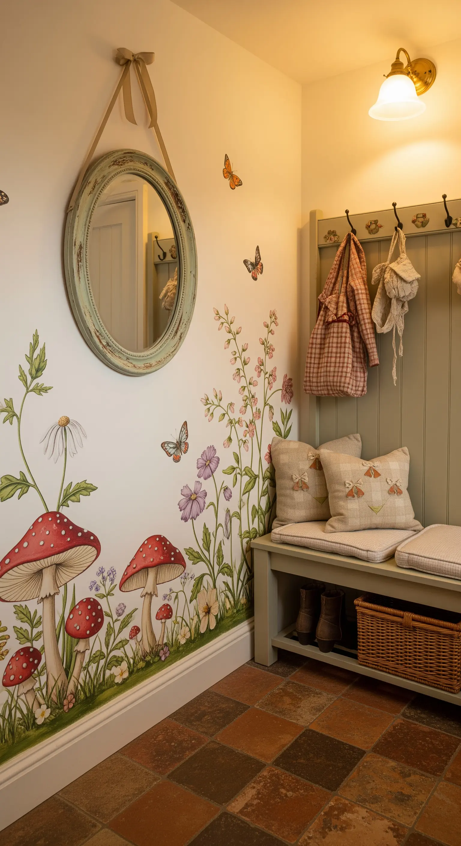 Ingresso in stile cottage con murale di funghi e fiori, specchio rotondo e panca verde salvia.
