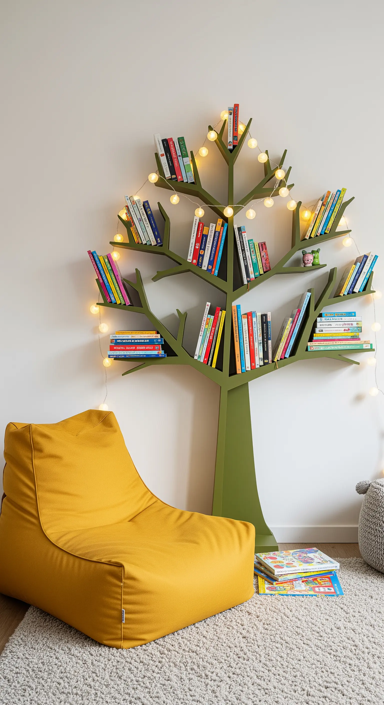 Libreria a forma di albero verde con poltrona a sacco senape in una stanza per bambini.