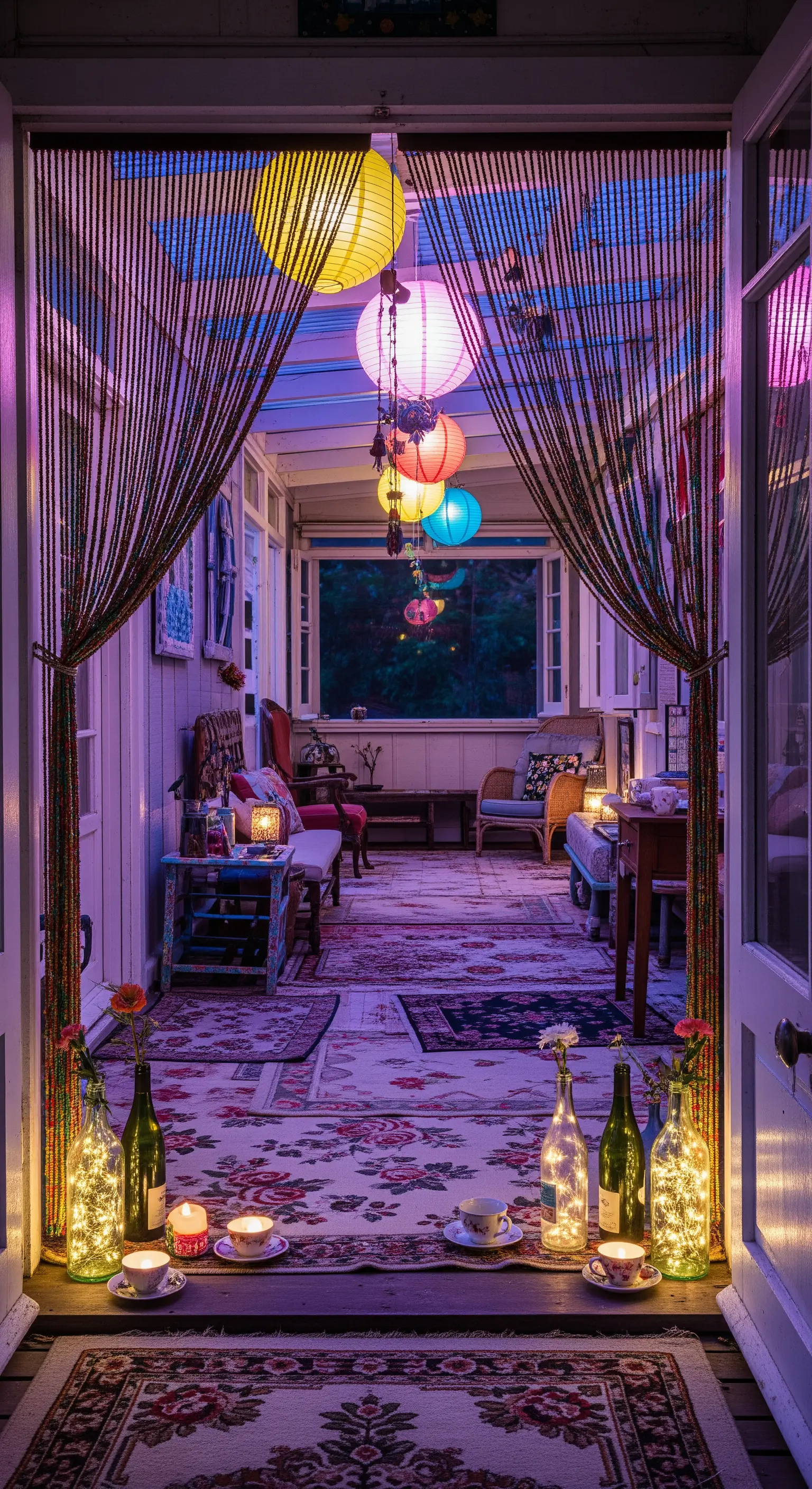 Veranda eclettica illuminata da lanterne di carta colorate, con tappeti sovrapposti e tende di perline.