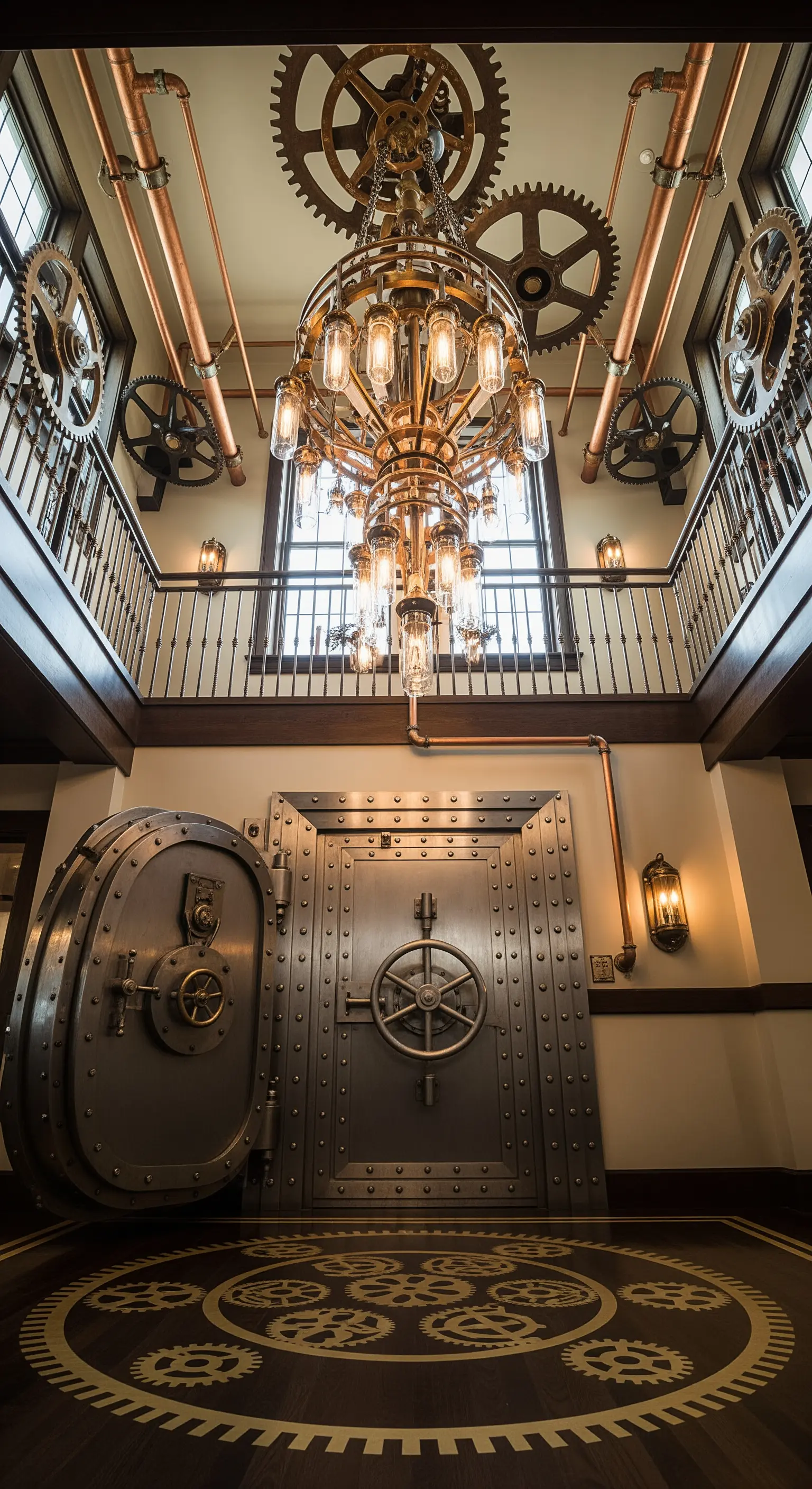Ingresso a tema steampunk con porta blindata da caveau, ingranaggi alle pareti e un complesso lampadario industriale.