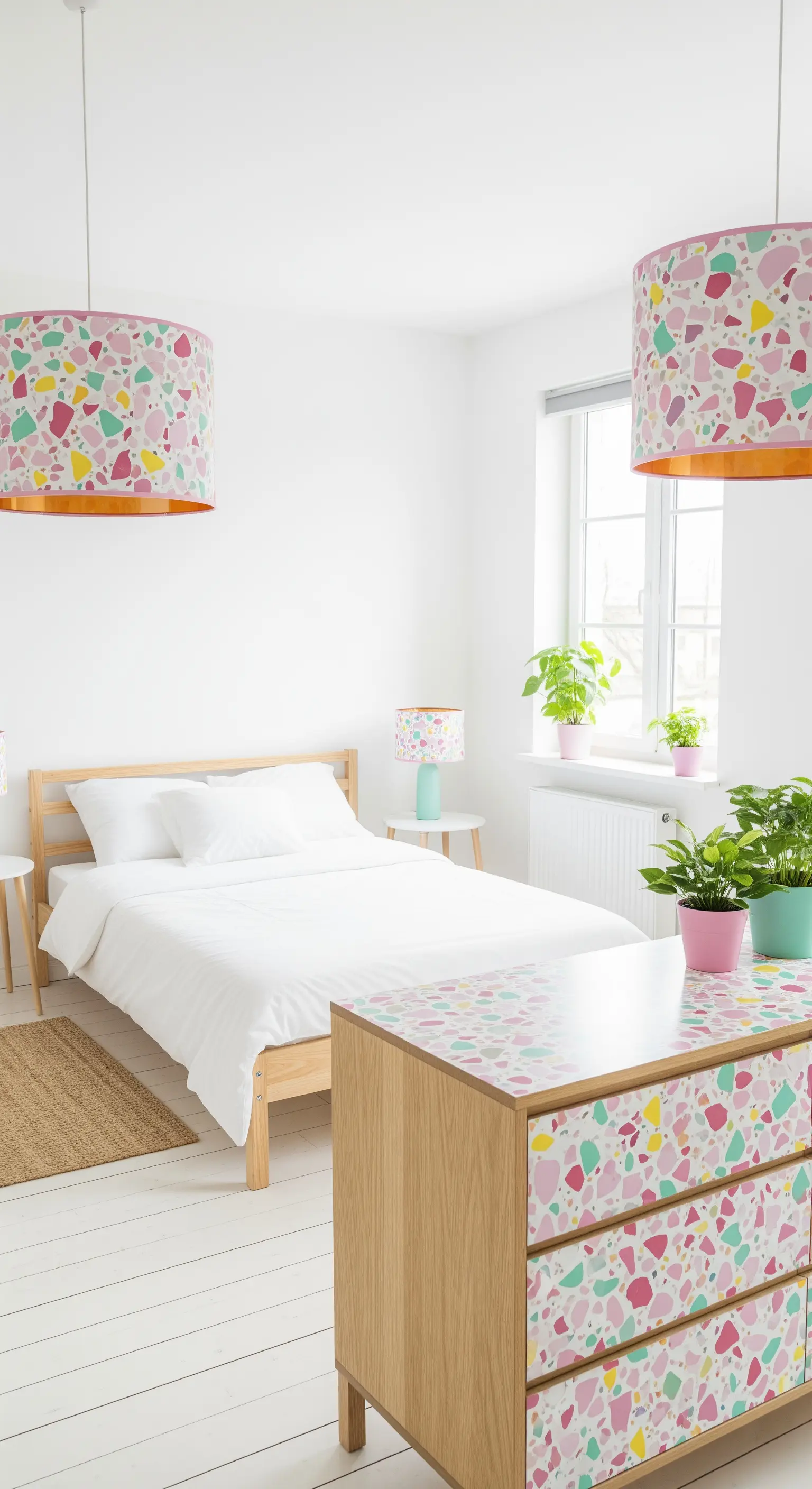 Camera da letto bianca con comò e lampade decorate con un pattern terrazzo pastello.