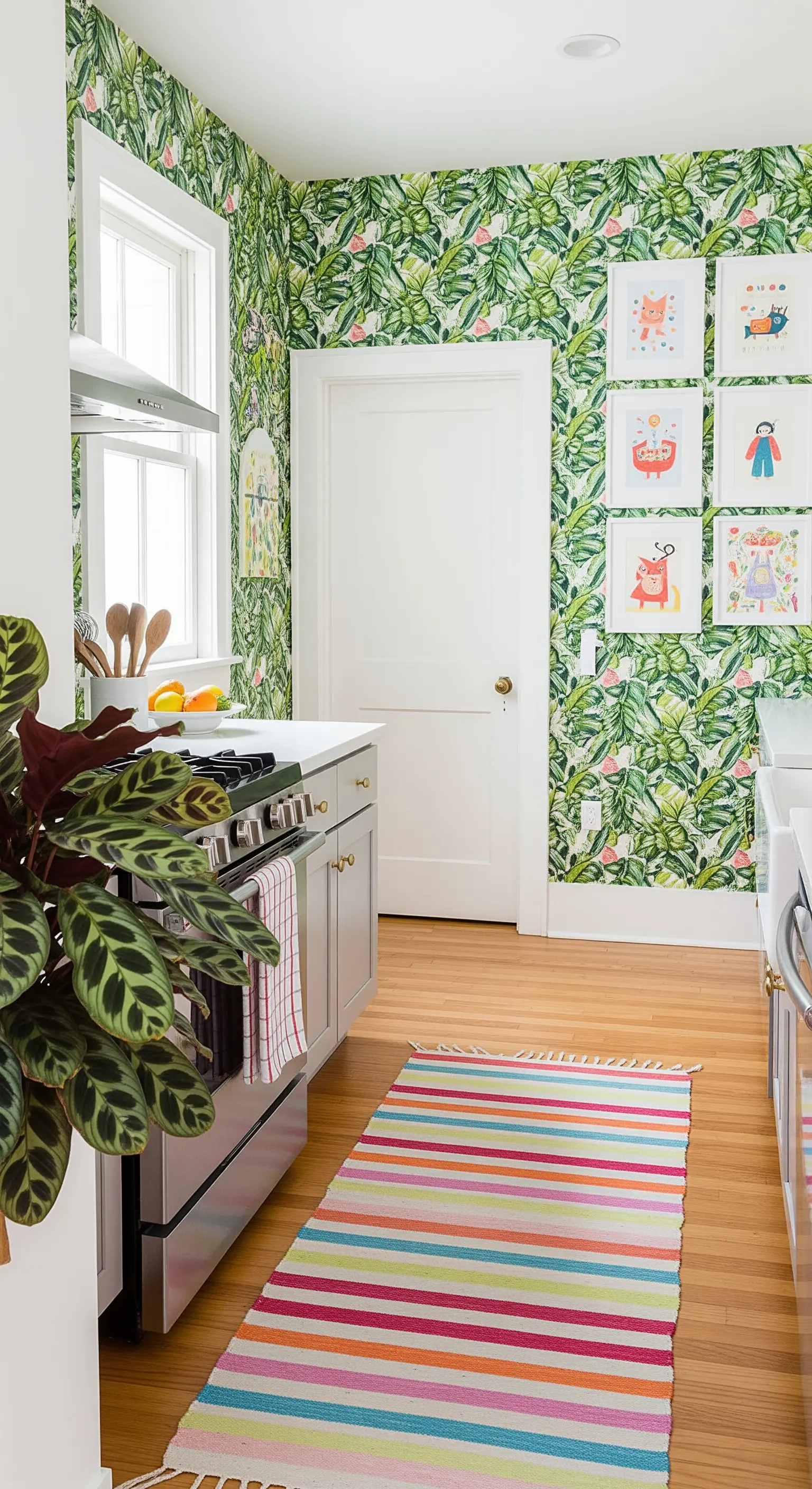 Cucina con carta da parati a foglie tropicali, illustrazioni per bambini e un tappeto a righe colorate.