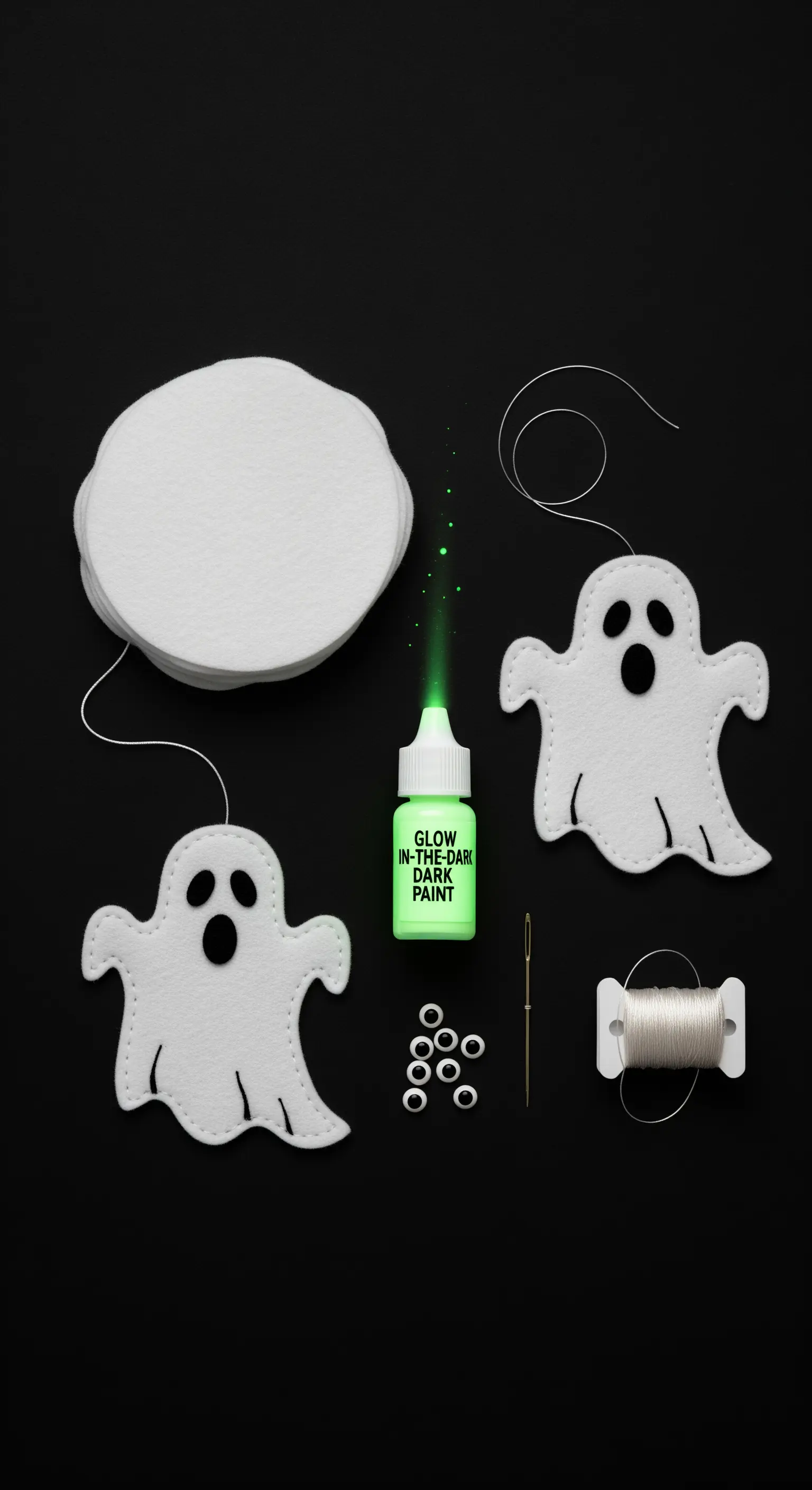 Kit per creare fantasmi in feltro con vernice fosforescente che si illumina al buio.