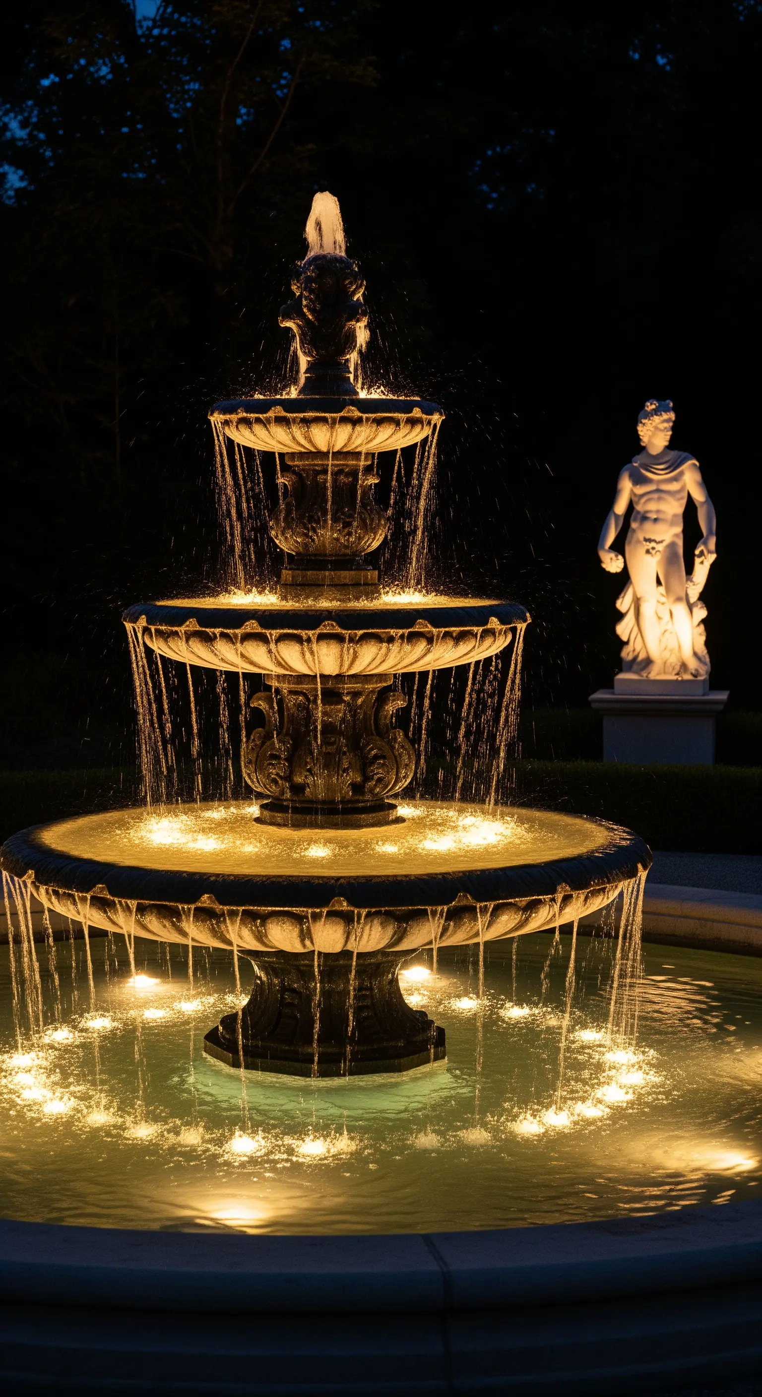 Fontana a tre livelli illuminata dall'interno, con acqua scintillante e una statua sullo sfondo.