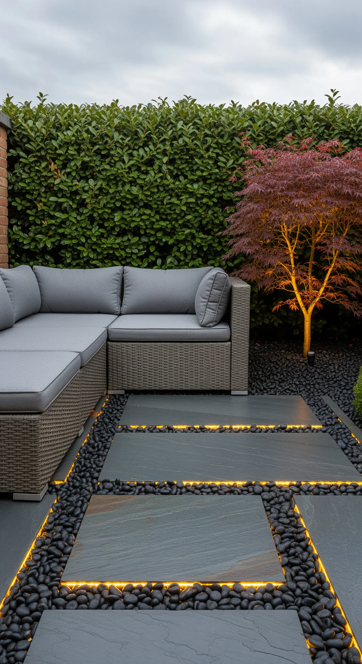 Camminamento in giardino con lastre di ardesia contornate da luce LED e immerse in ciottoli neri.