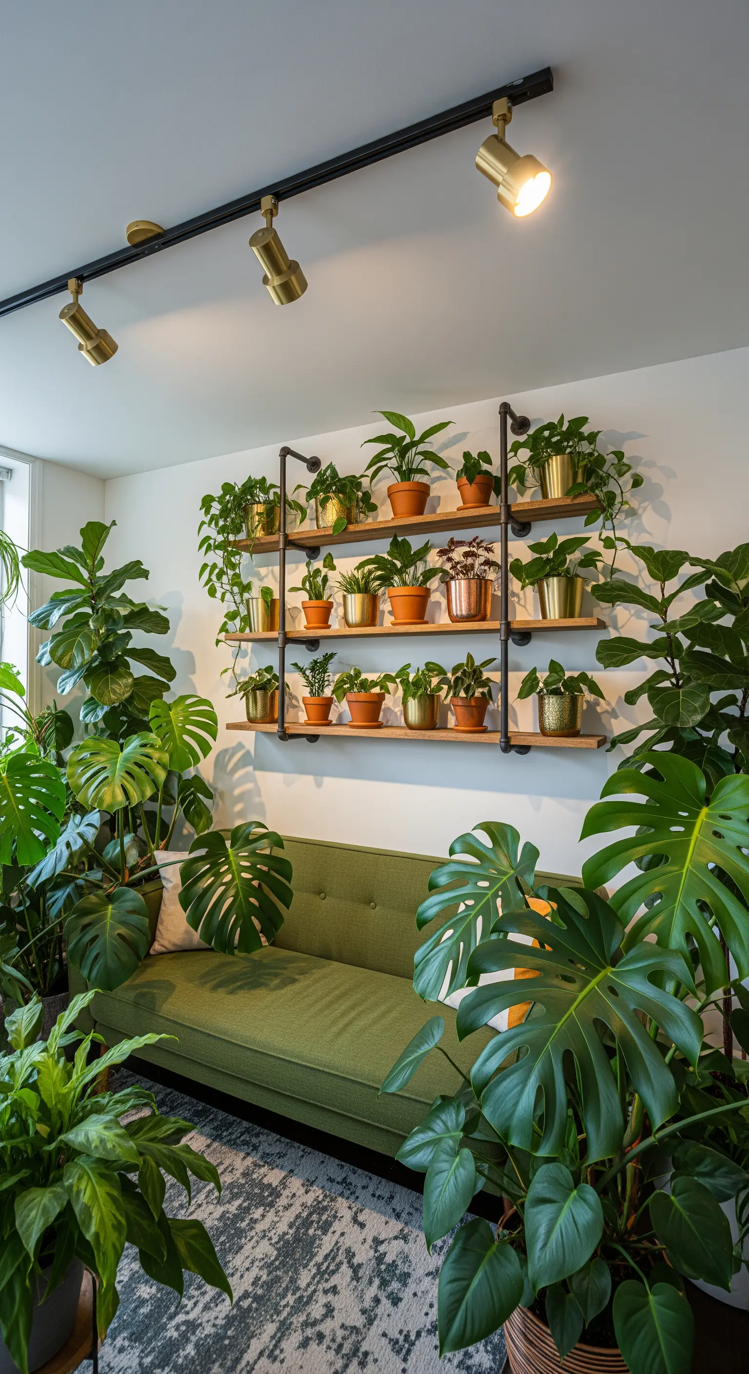 Parete di piante in soggiorno con divano verde e faretti dorati orientabili.