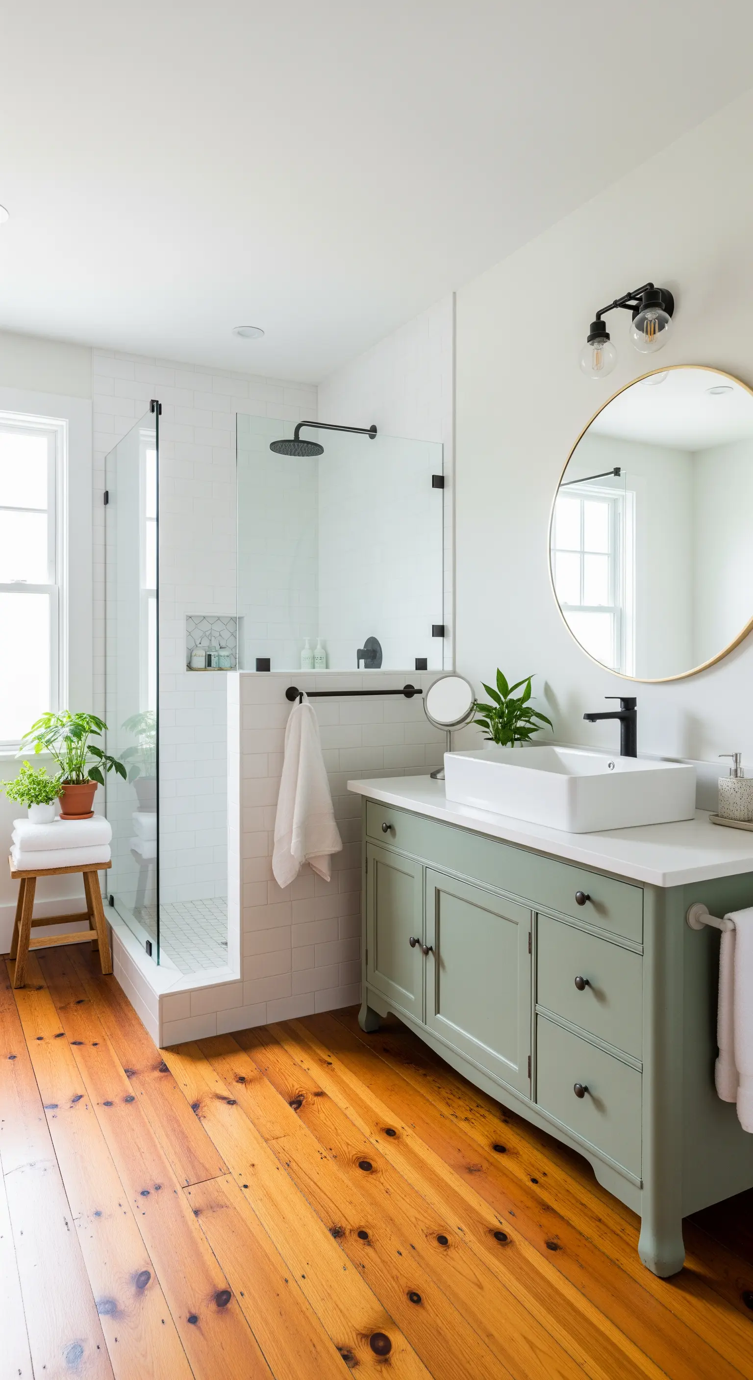Bagno in stile farmhouse con mobile verde salvia, pavimento in legno e doccia con piastrelle bianche.