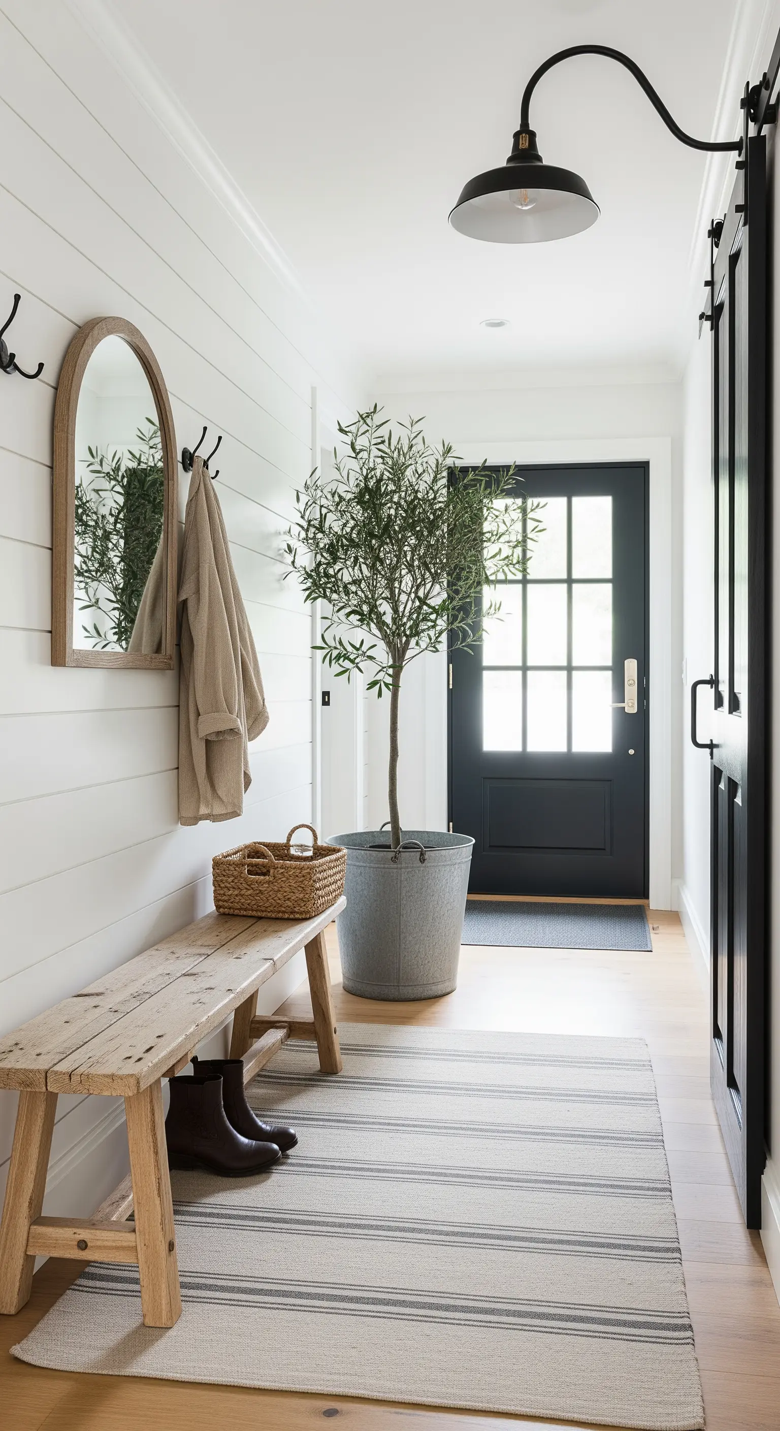 Ingresso in stile farmhouse con panca in legno grezzo, pareti a doghe bianche e porta nera.