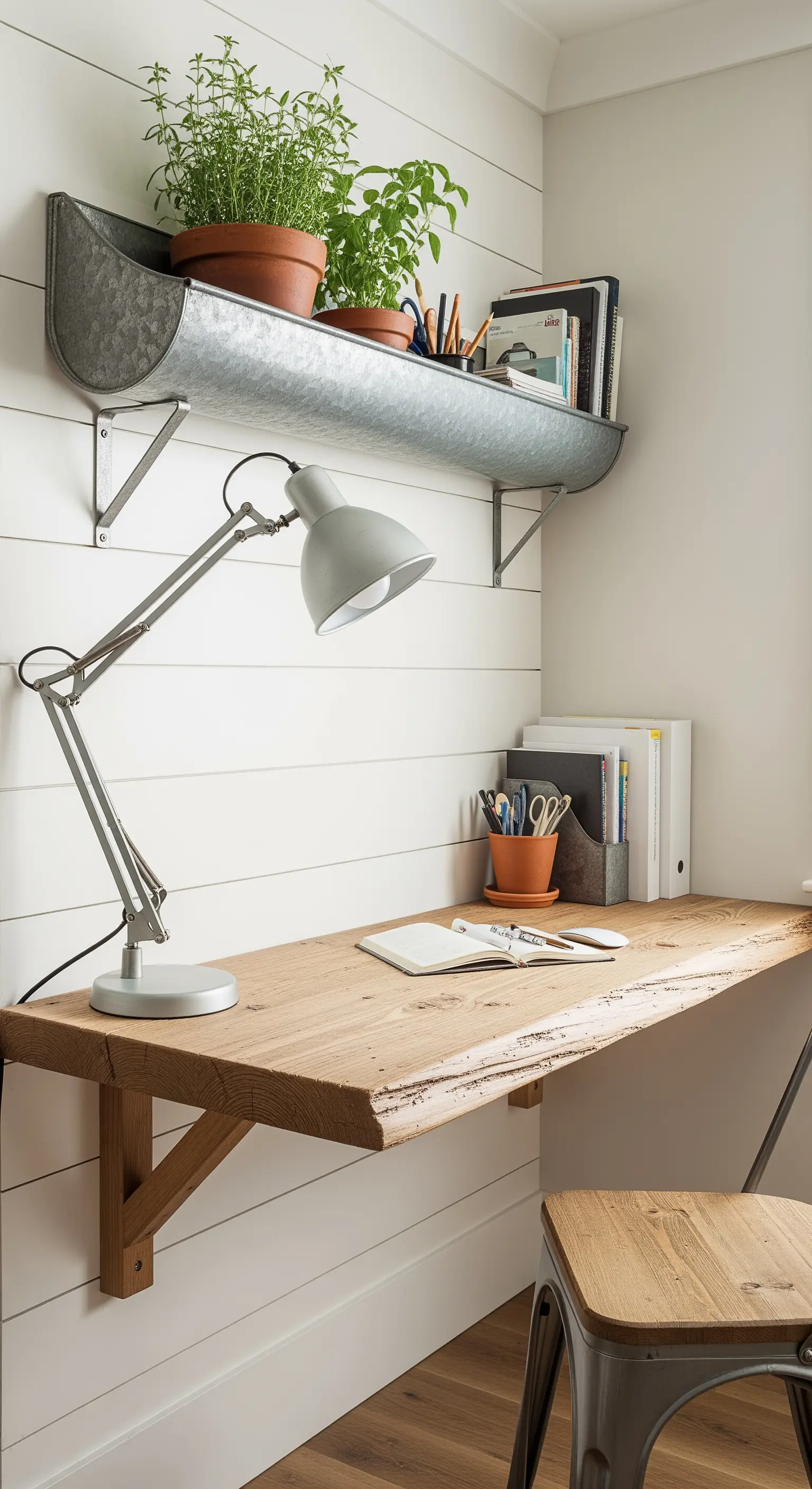 Scrivania sospesa in legno grezzo, con una mensola in zinco riciclato su una parete a perline.