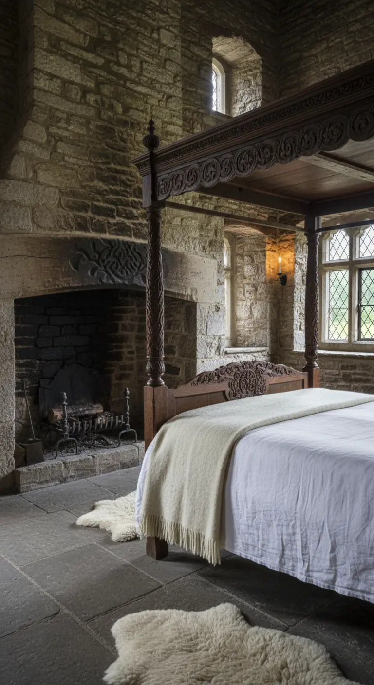 Camera da letto medievale con pareti in pietra, grande camino e letto a baldacchino intagliato.