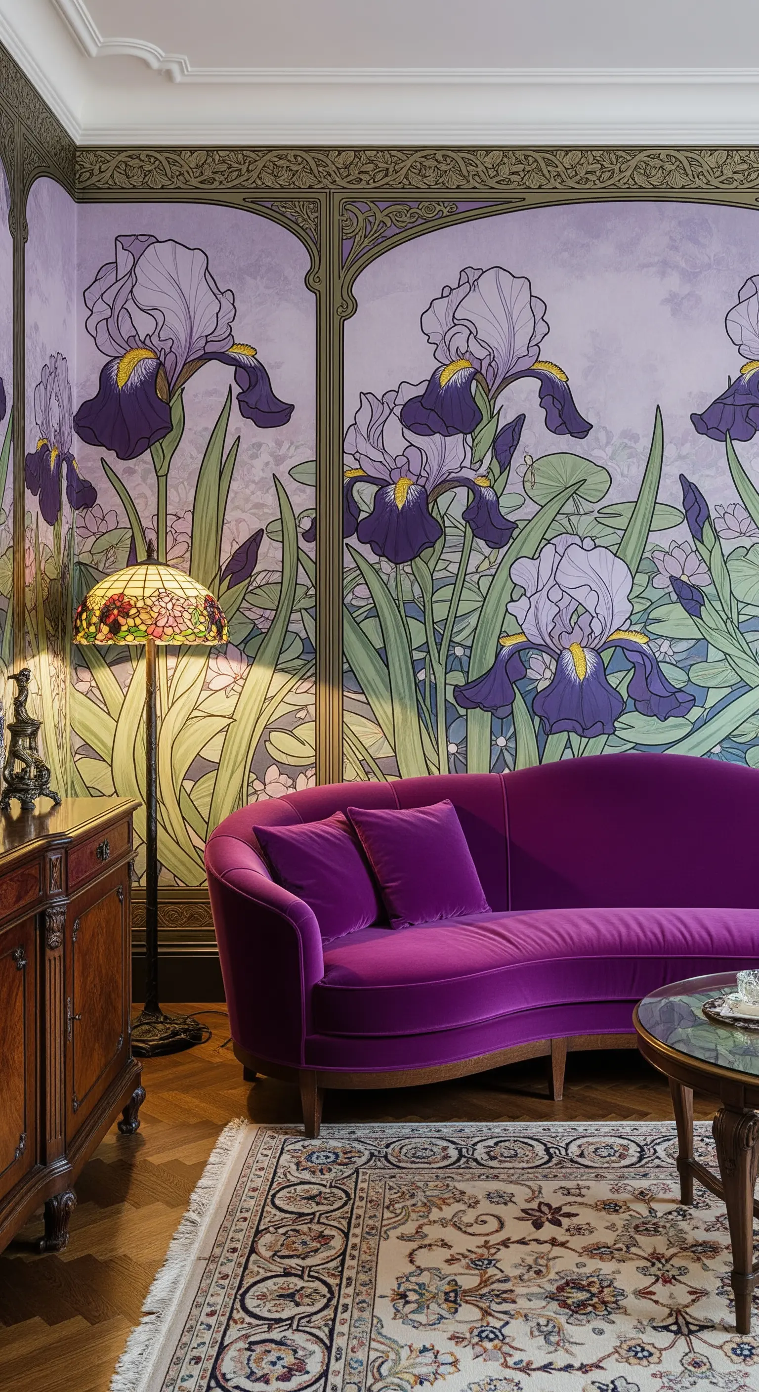 Salotto in stile Art Nouveau con carta da parati a iris e divano curvo in velluto viola.