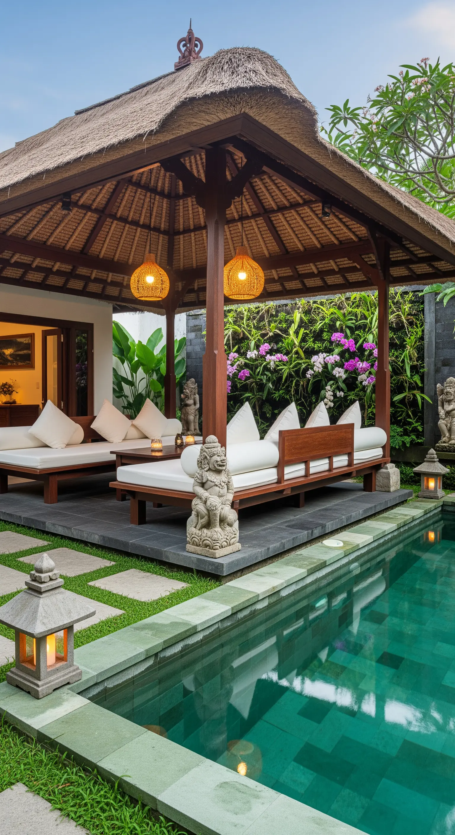 Gazebo balinese in legno con divani bianchi a bordo di una piscina color smeraldo.