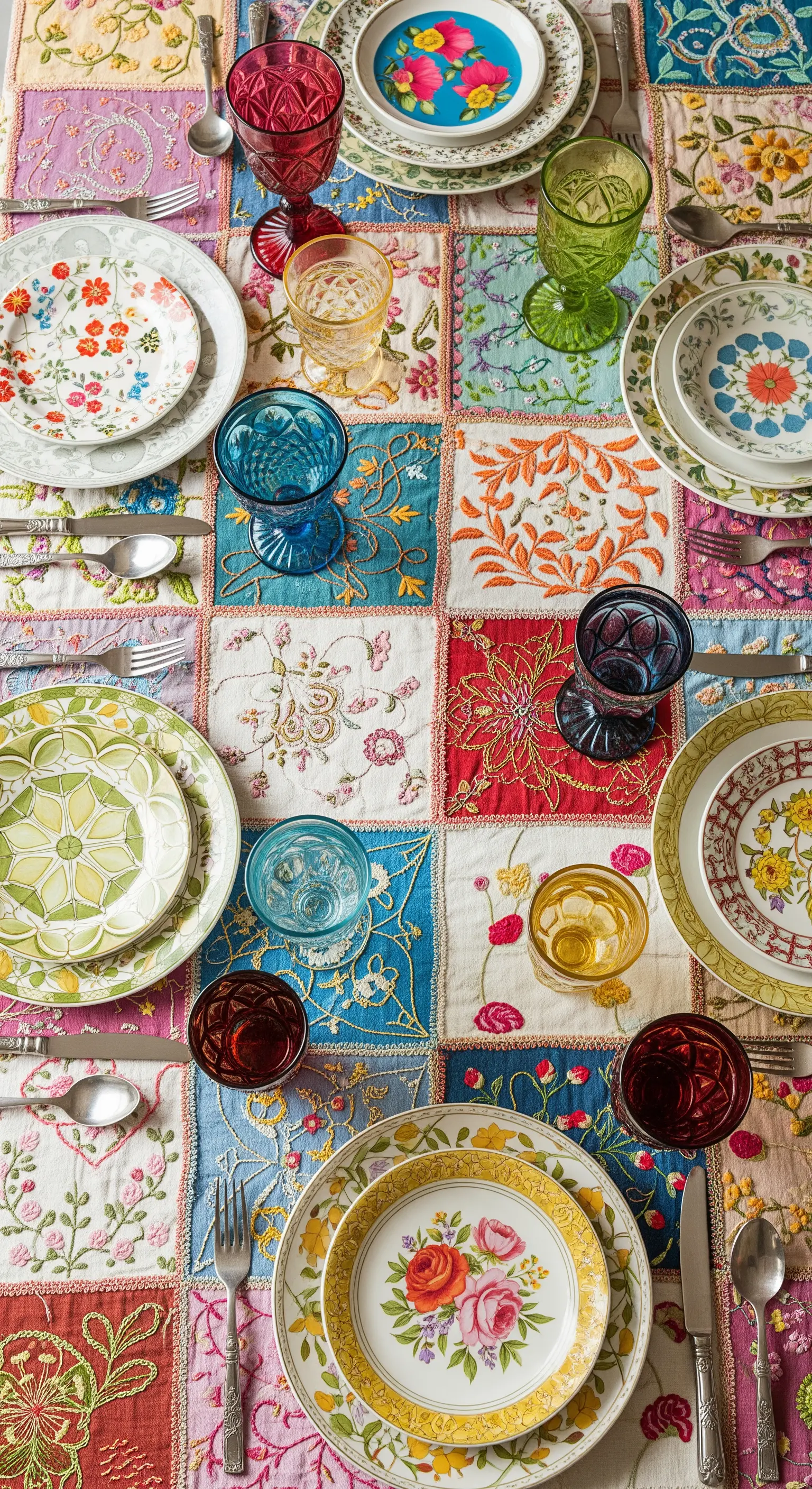 Tavola eclettica con tovaglia patchwork ricamata e un mix di piatti e bicchieri spaiati.