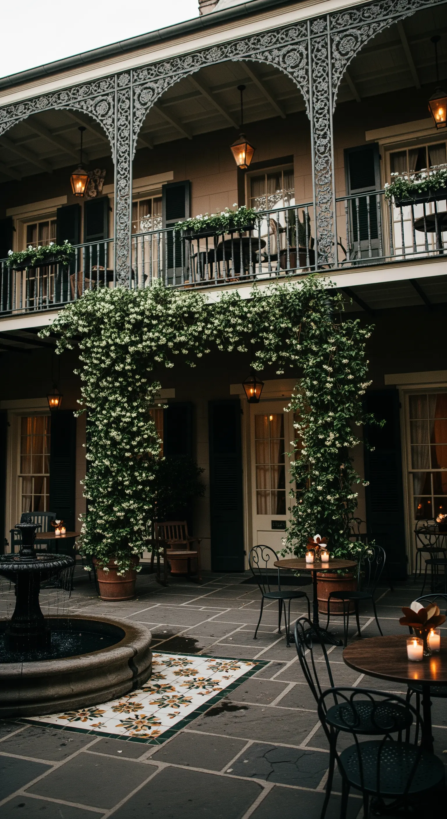Cortile con archi ricoperti di gelsomino, tavolini da bistrot e una piccola fontana.