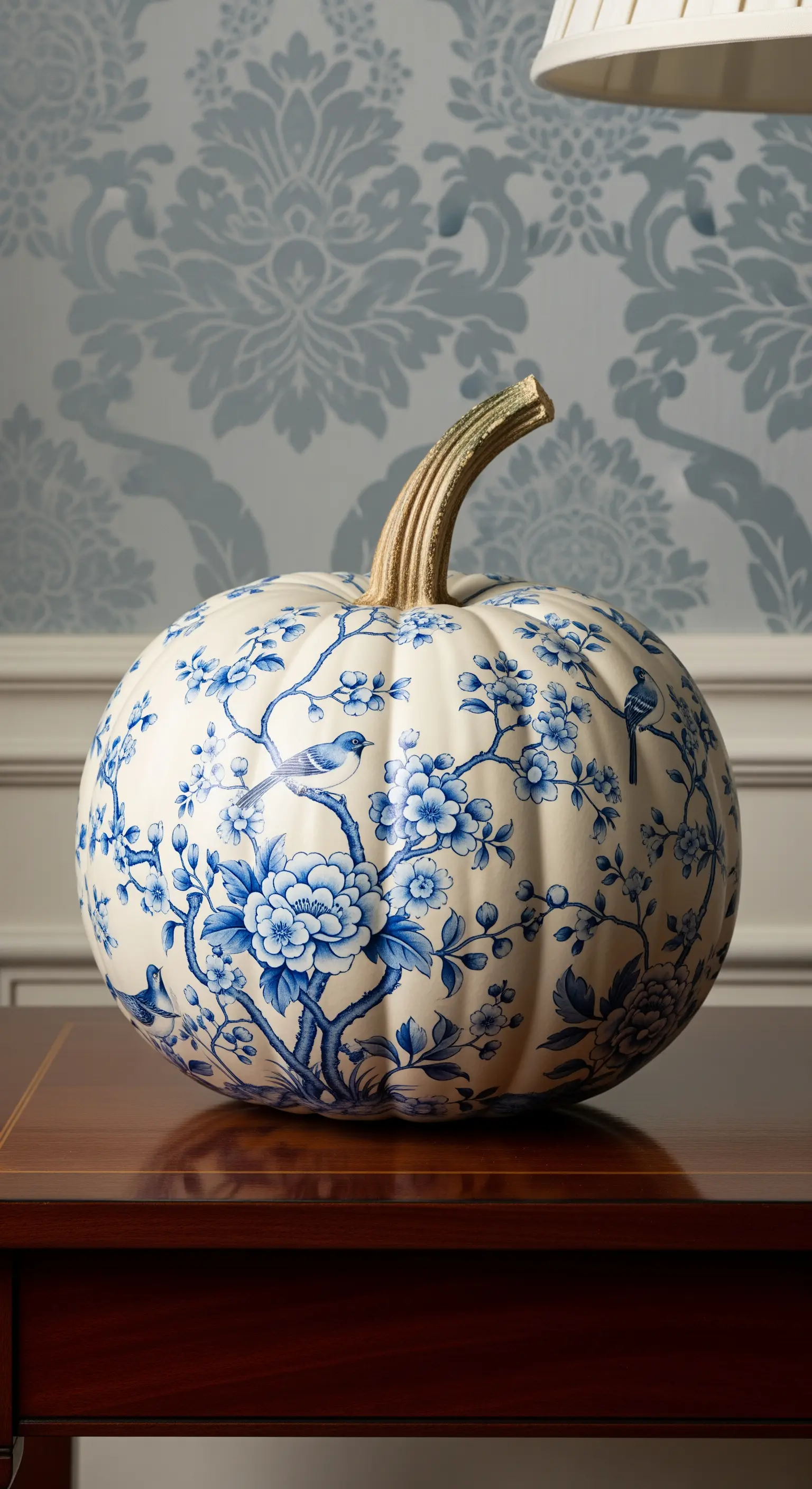 Zucca bianca dipinta con un raffinato motivo Chinoiserie blu, simile a una porcellana antica.