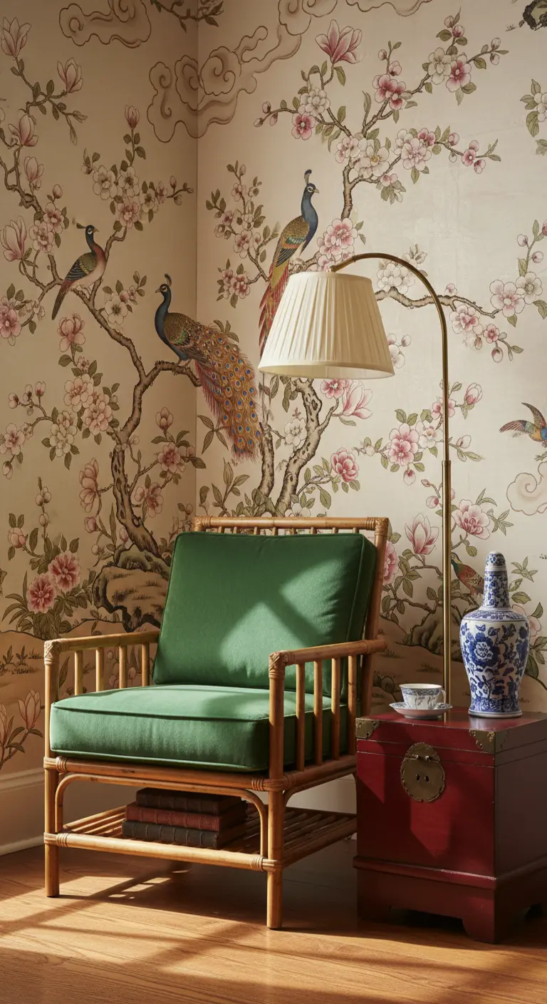 Poltrona in bambù con cuscini verdi di fronte a una carta da parati Chinoiserie.