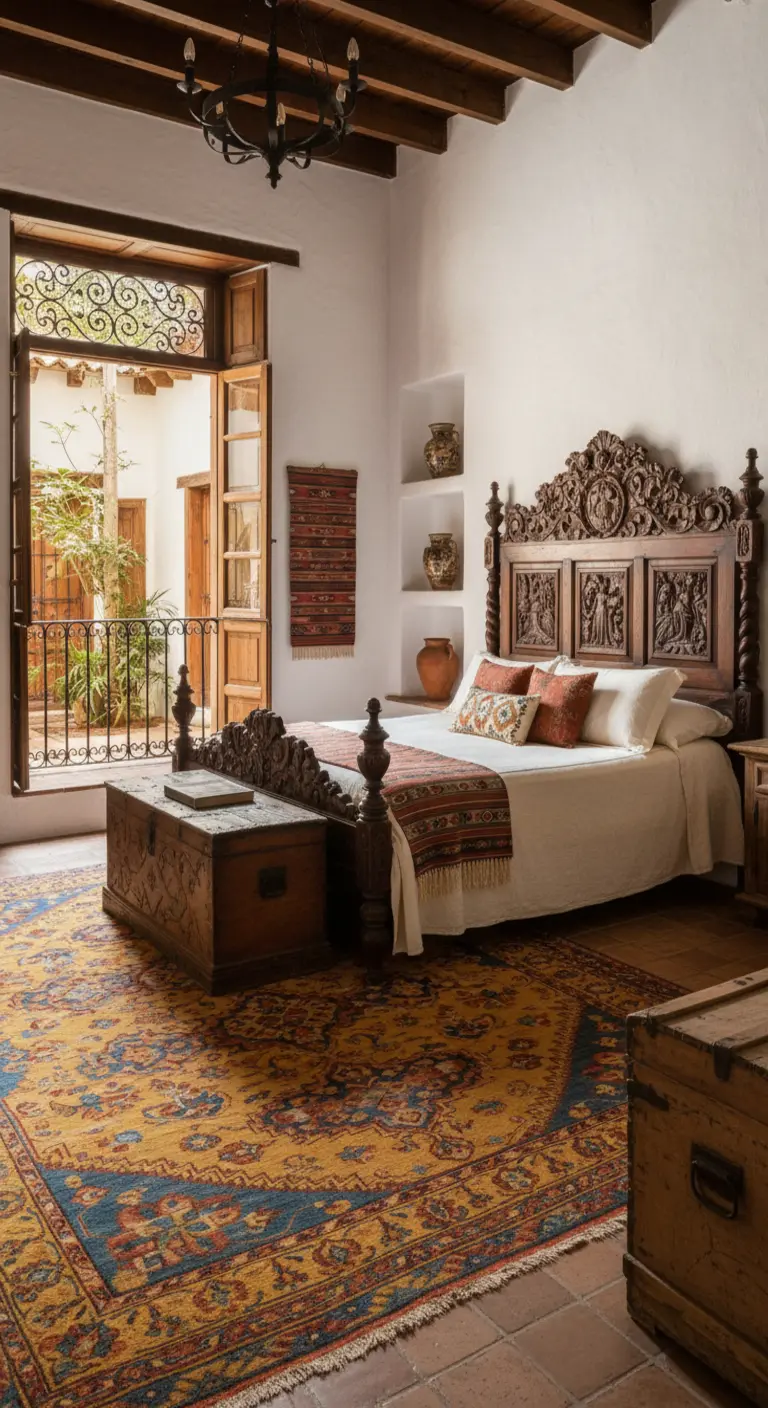 Camera da letto in stile coloniale con letto intagliato, bauli e tappeto giallo e blu.