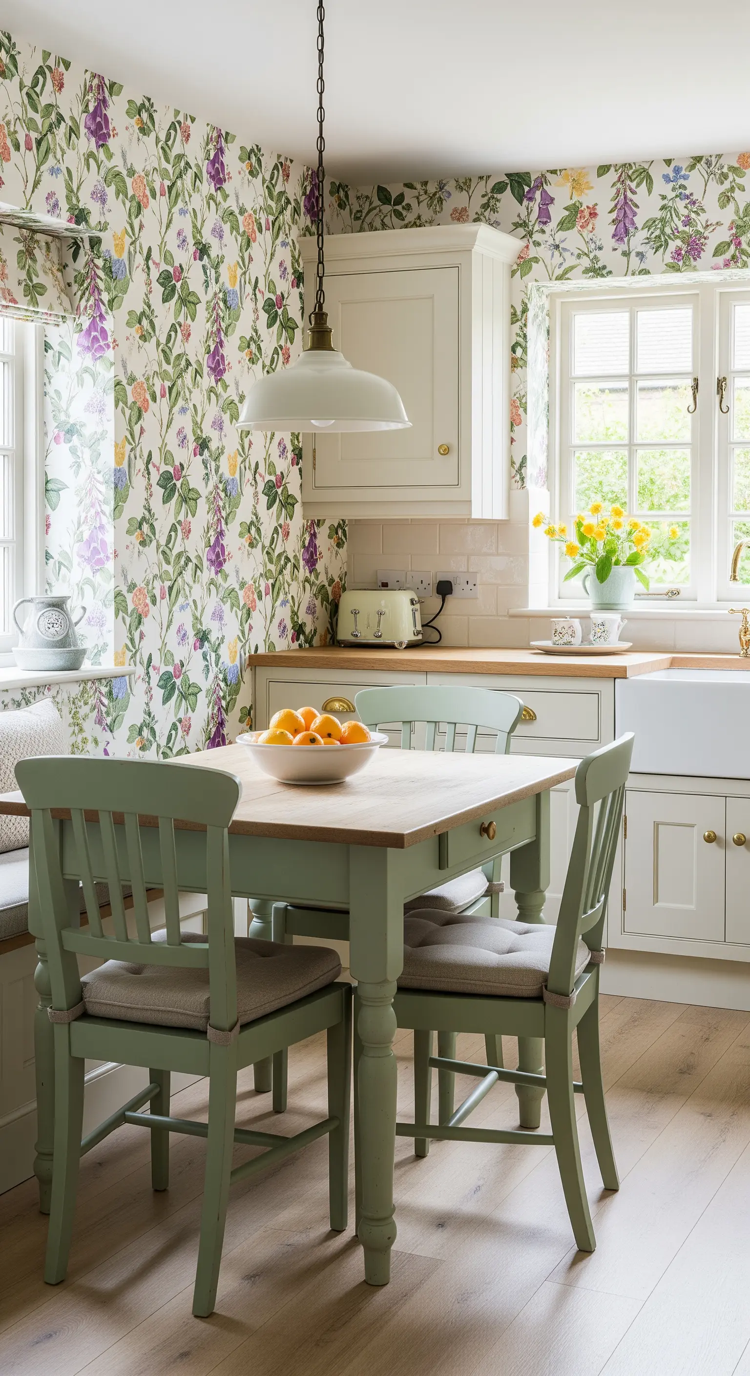 Angolo colazione con carta da parati a fiori di campo e tavolo verde salvia.