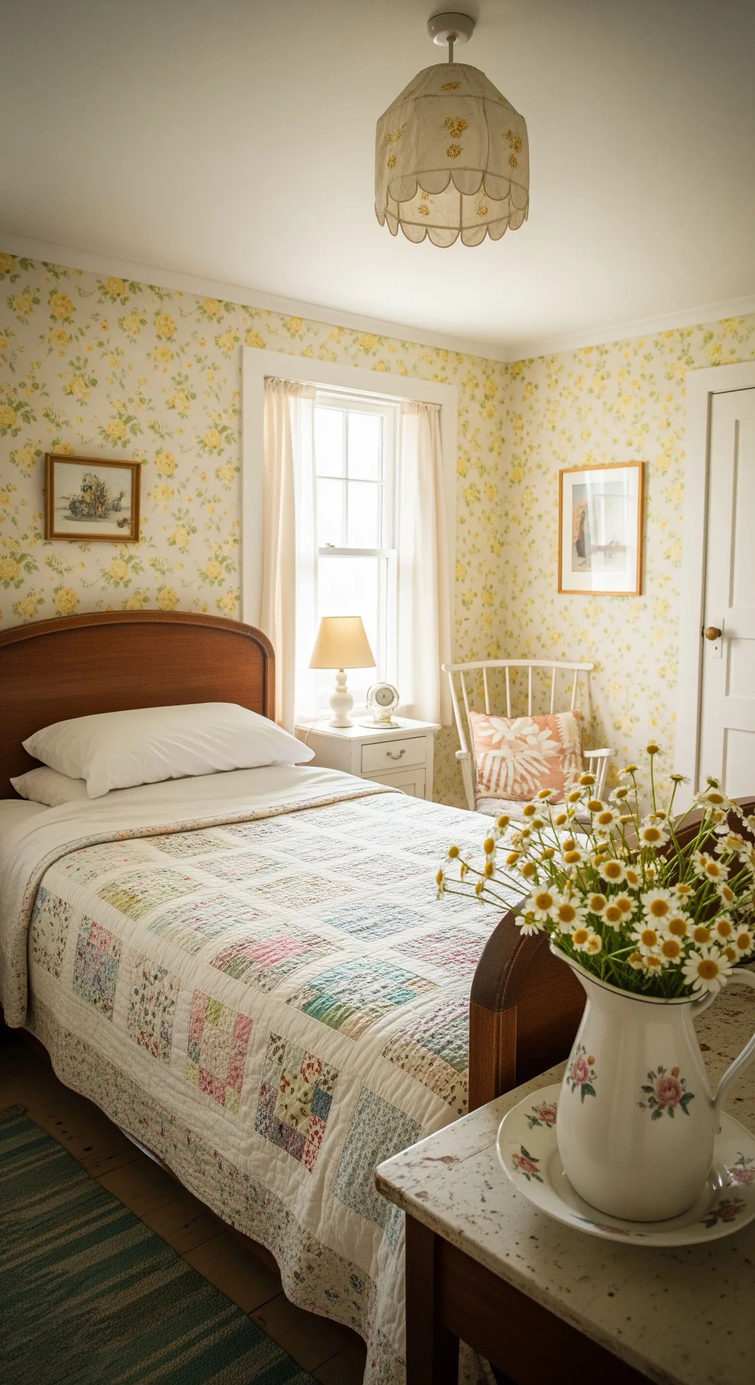 Camera da letto cottagecore con carta da parati a fiori gialli e coperta patchwork.