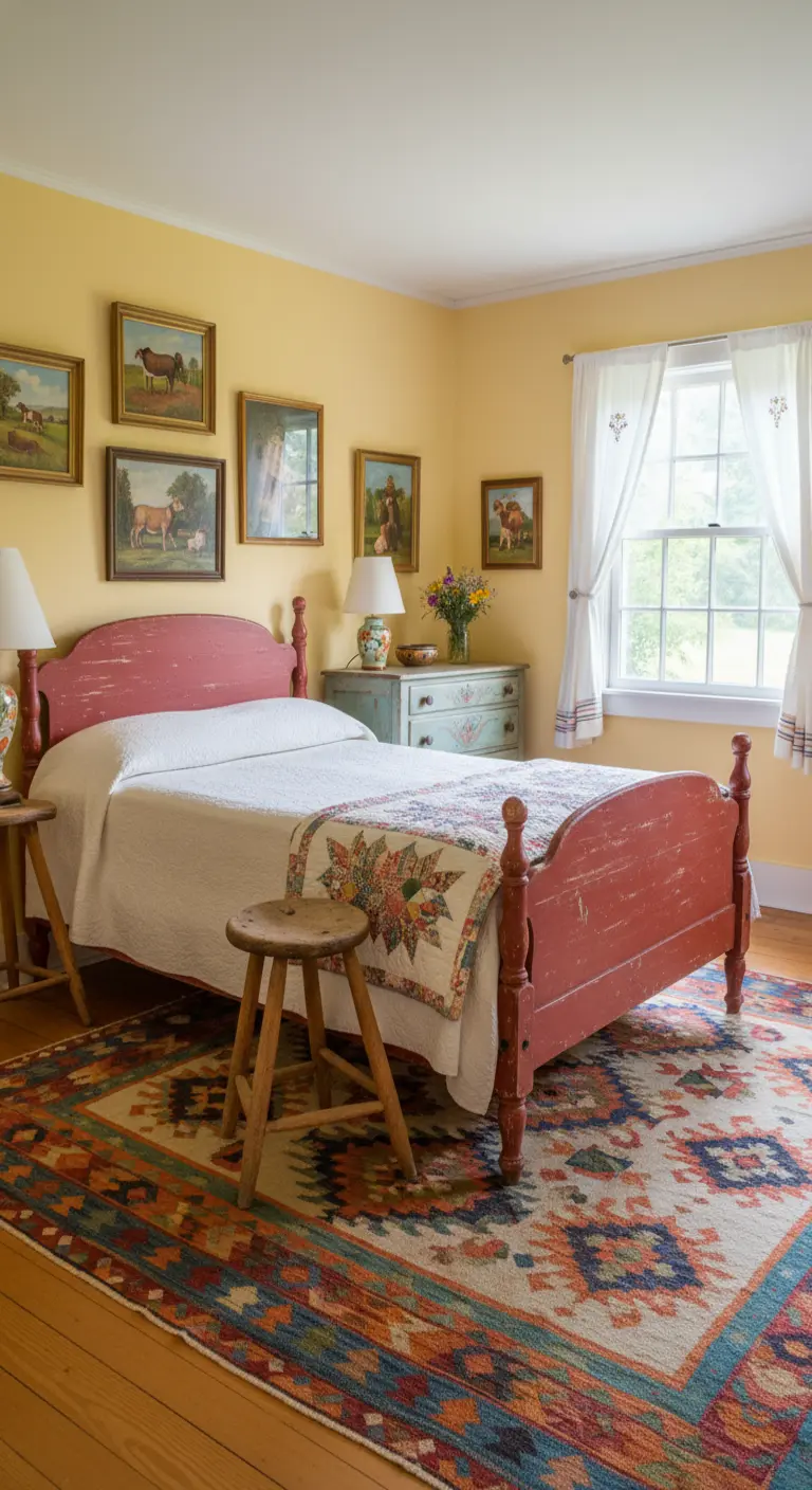Camera da letto country con letto rosso dipinto, pareti gialle e tappeto Kilim colorato.