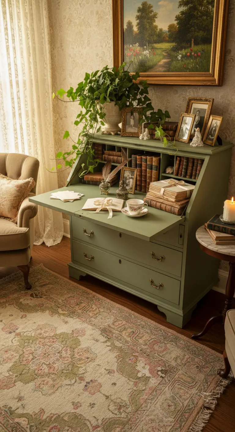 Scrittoio a ribalta vintage color verde salvia, aperto, con un tappeto floreale antico.