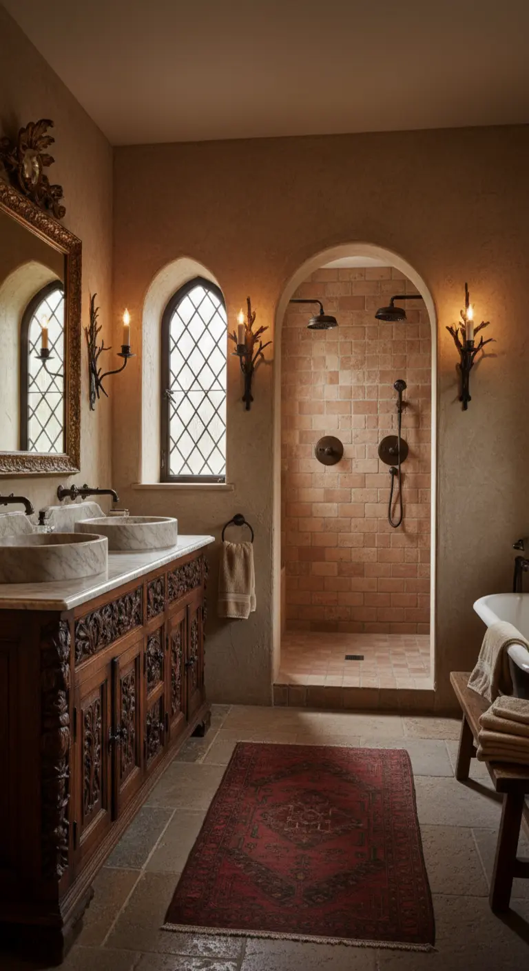 Bagno in stile antico con pareti in pietra, mobile in legno intagliato e finestre gotiche.