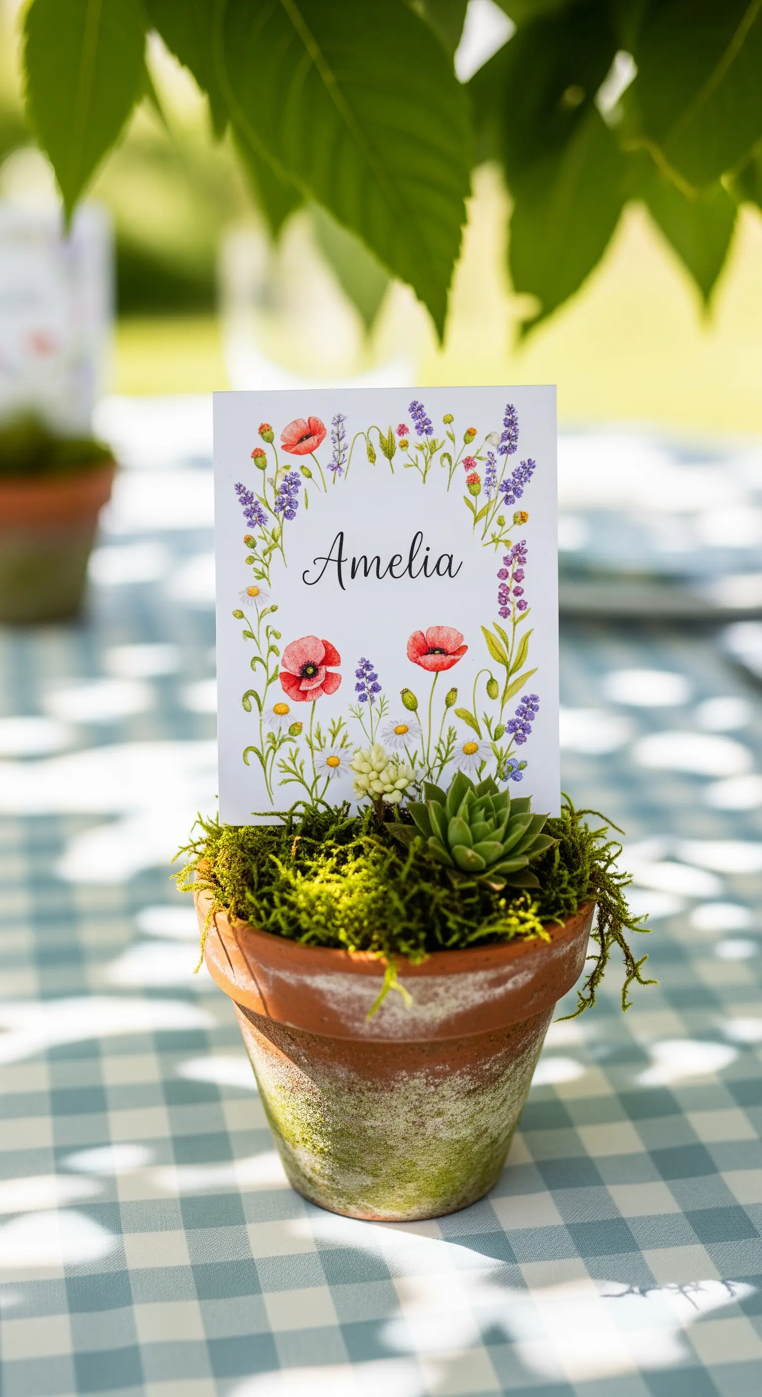 Vasetto in terracotta con muschio e cartoncino floreale come segnaposto.