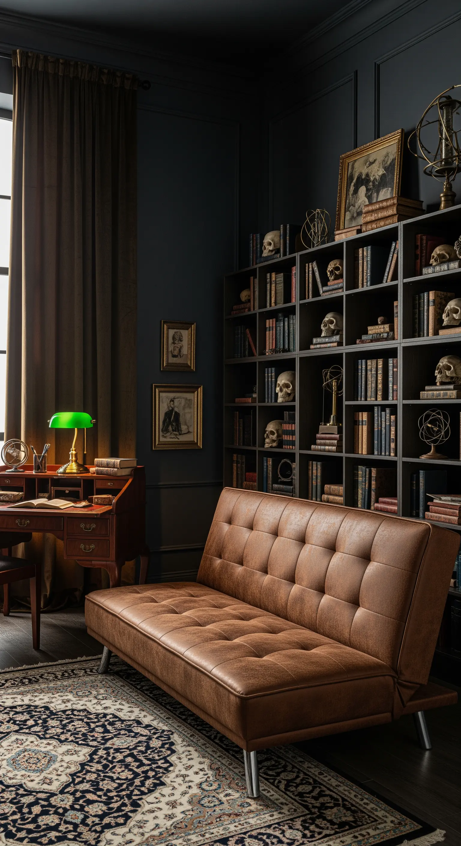Studio in stile dark academia con divano in pelle marrone e grande libreria.