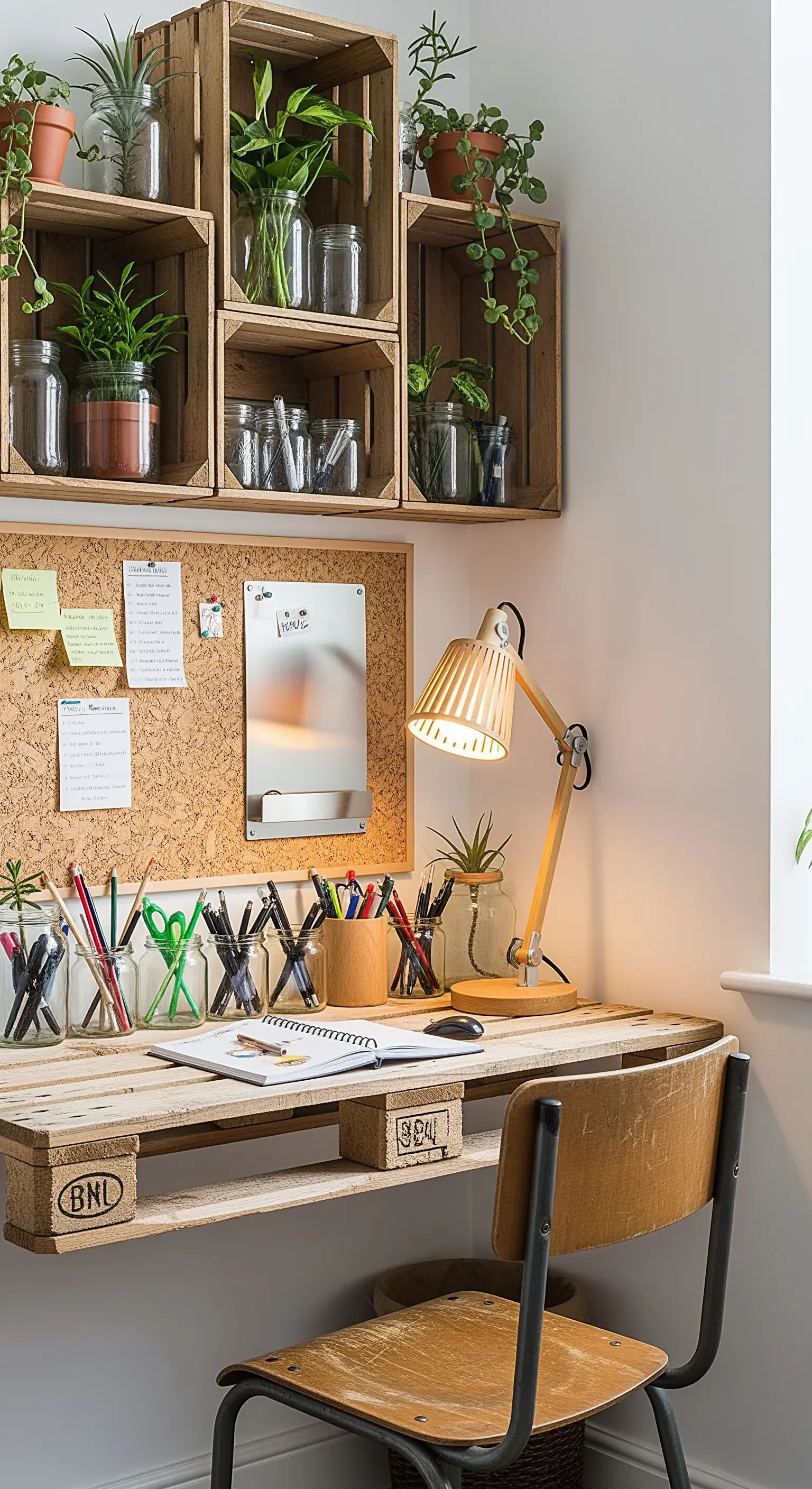 Scrivania fai-da-te realizzata con un pallet e mensole fatte di cassette di legno.