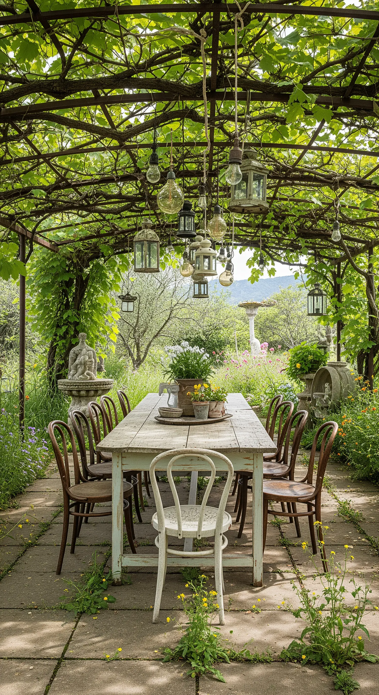 Tavolo rustico con sedie spaiate sotto una pergola ricoperta di verde e lanterne diverse.