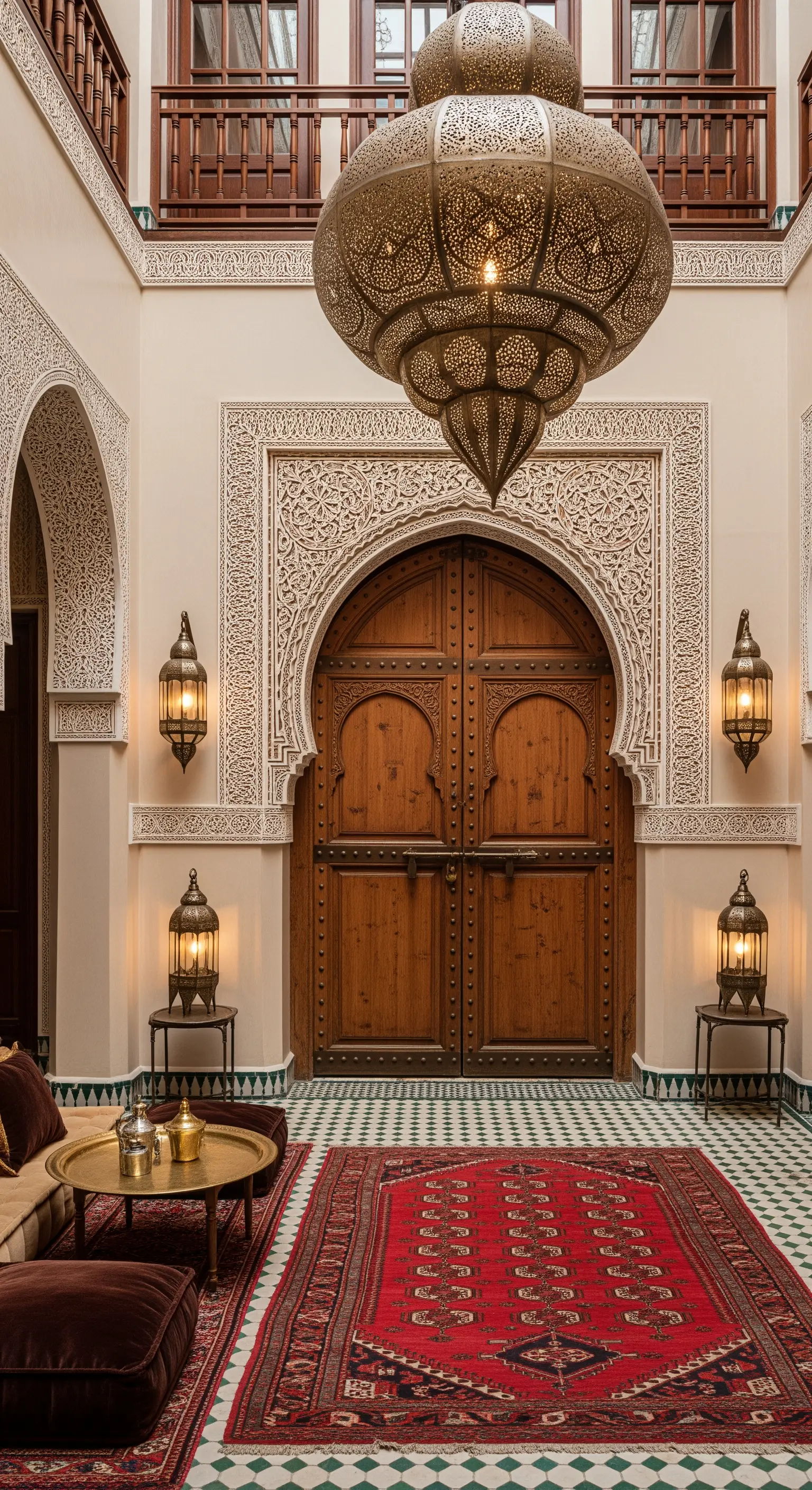 Cortile marocchino con porta in legno intagliato, lanterne in metallo e piastrelle decorate.