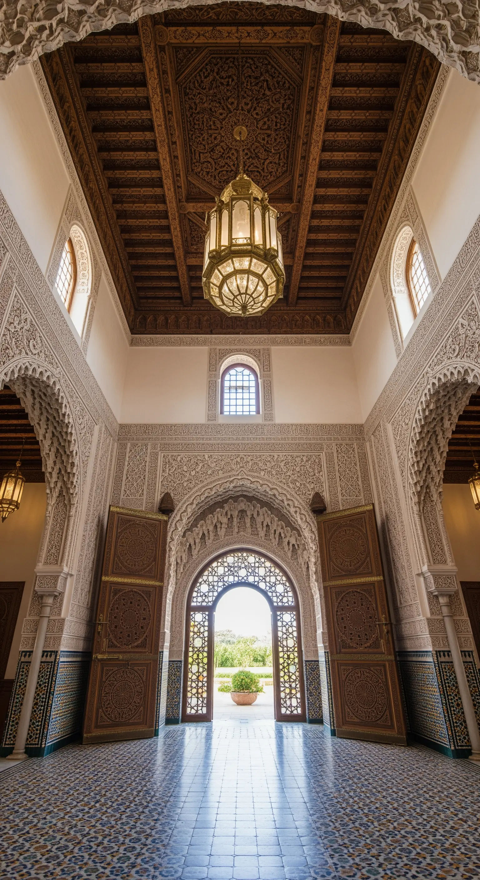 Ingresso in stile marocchino con pareti intagliate, pavimento in mosaico e una grande lanterna appesa.