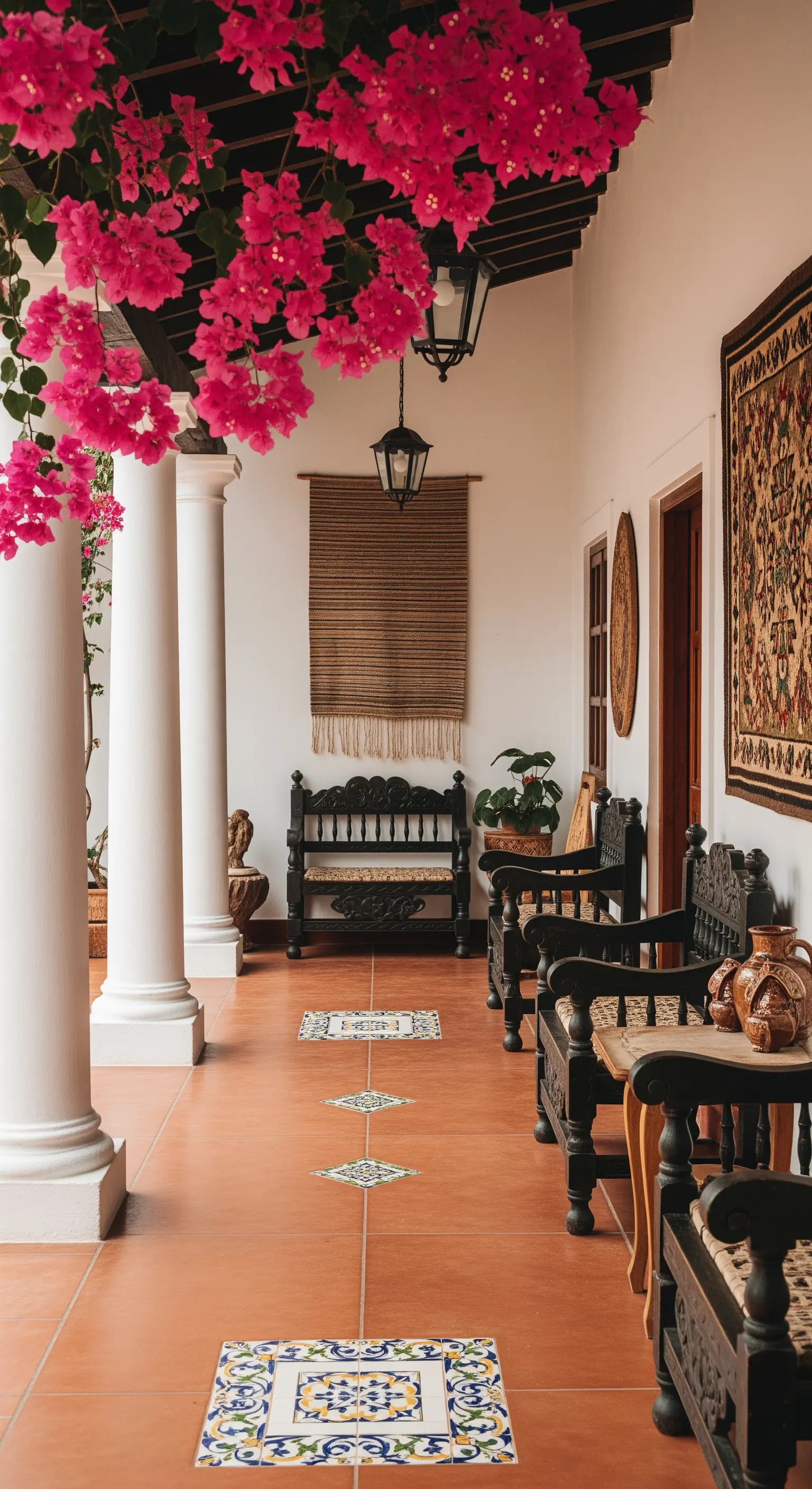 Portico con arredi in legno scuro intagliato, arazzi e inserti di piastrelle decorate