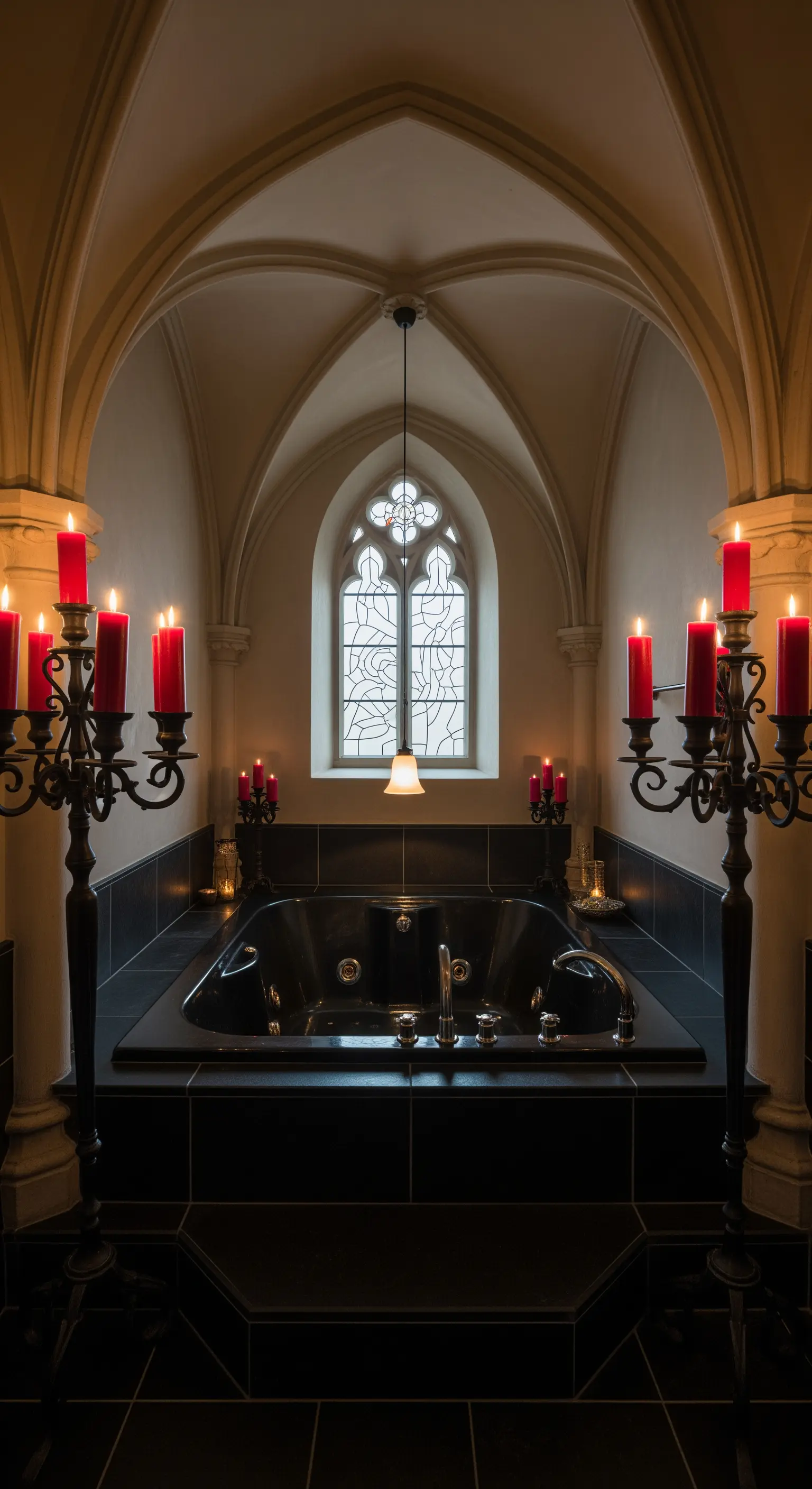 Vasca idromassaggio nera in un bagno gotico con candele rosse e finestra ad arco.